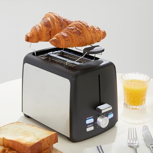Amazon Basics 2-Scheiben Toaster mit 7 Bräunungsstufen und Herausnehmbarer Krümelschublade, Extra Breite Schlitze, 800W, Schwarz