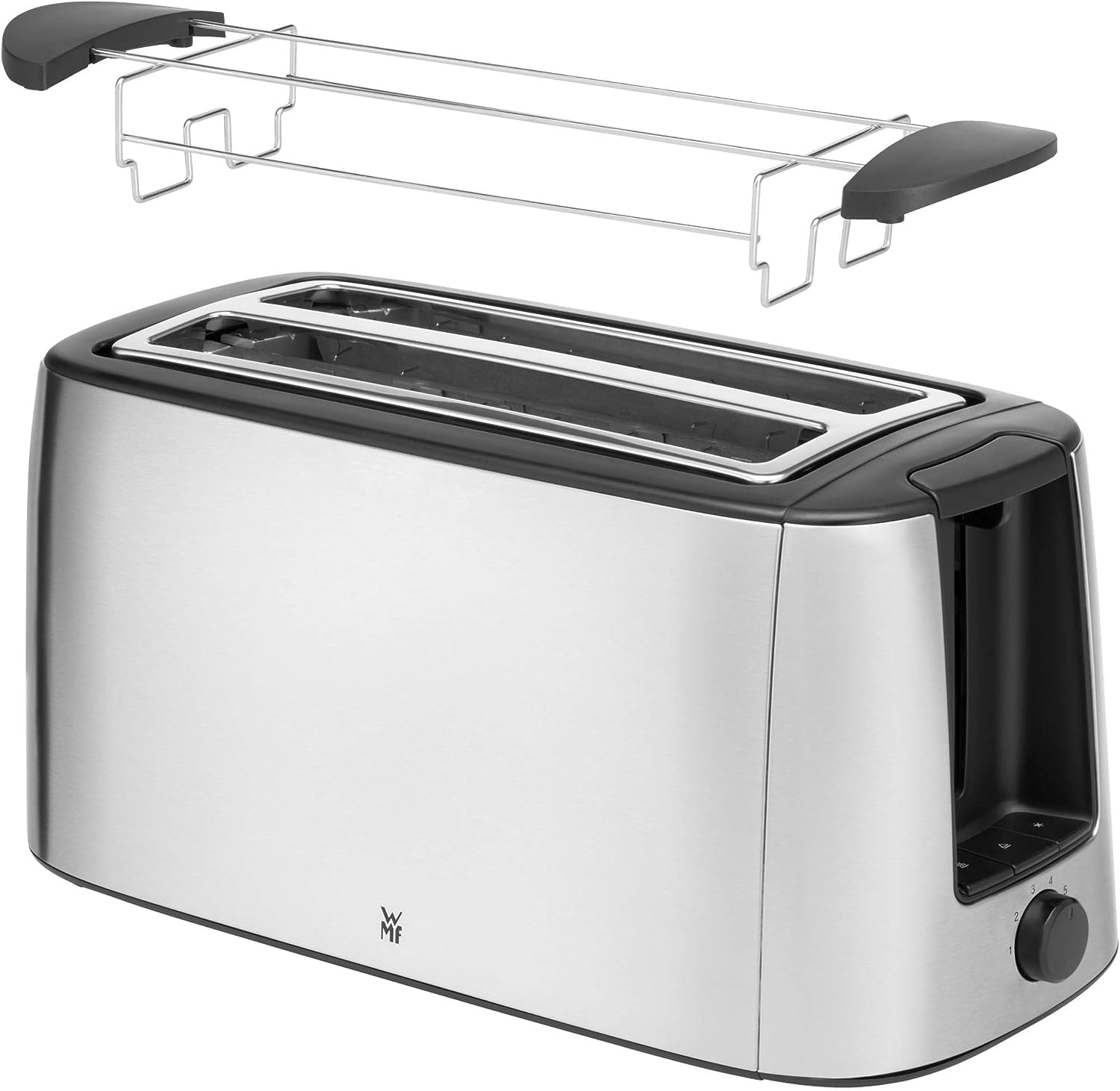 WMF Bueno Pro Langschlitz-Toaster aus Edelstahl für 4 Brotscheiben, mit Brötchenaufsatz, Aufknusper- und Auftaufunktion, 6 Bräunungsstufen – stilvoll für knusprigen Genuss im modernen Küchenambiente