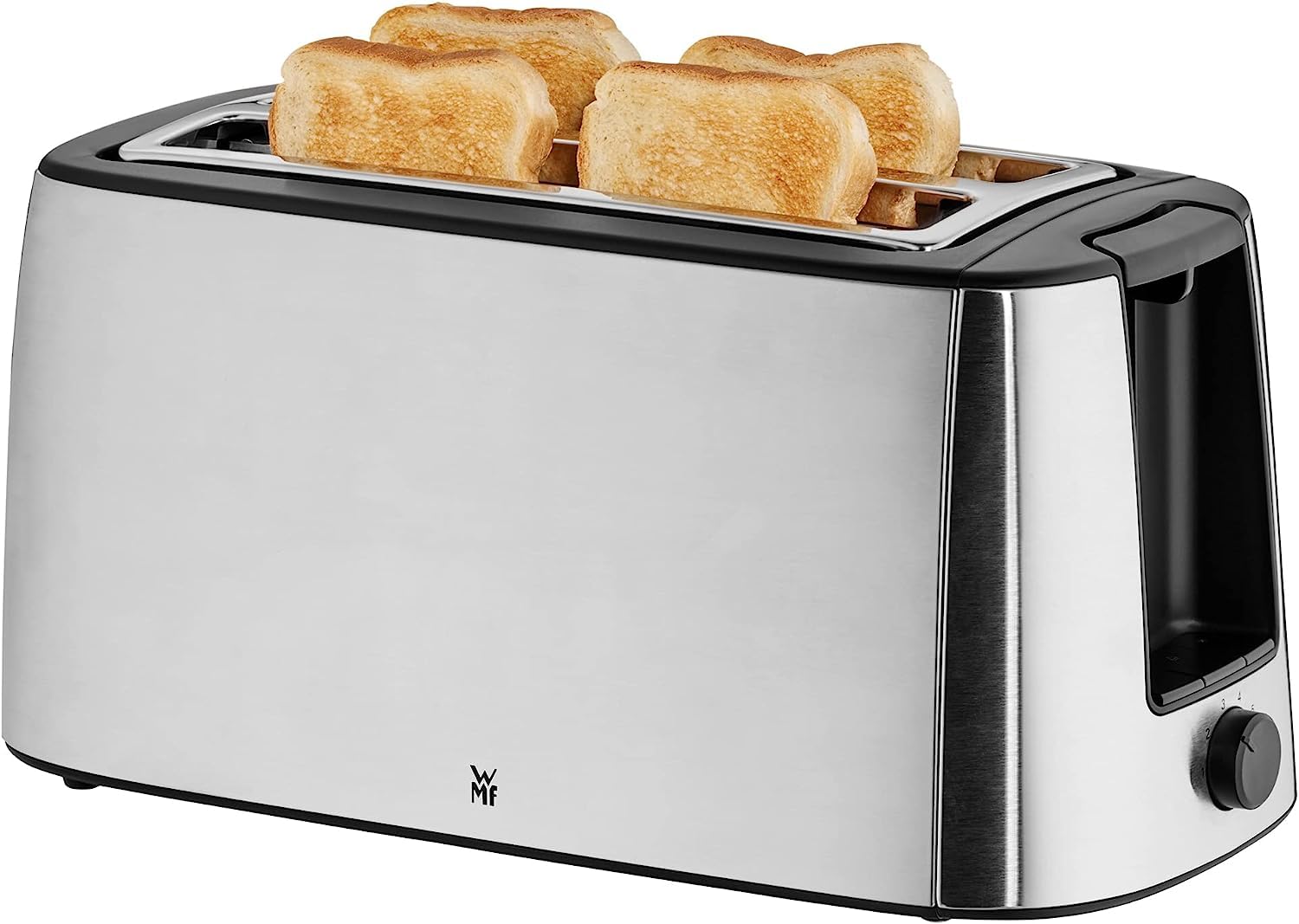 WMF Bueno Pro Langschlitz-Toaster aus Edelstahl für 4 Brotscheiben, mit Brötchenaufsatz, Aufknusper- und Auftaufunktion, 6 Bräunungsstufen – stilvoll für knusprigen Genuss im modernen Küchenambiente