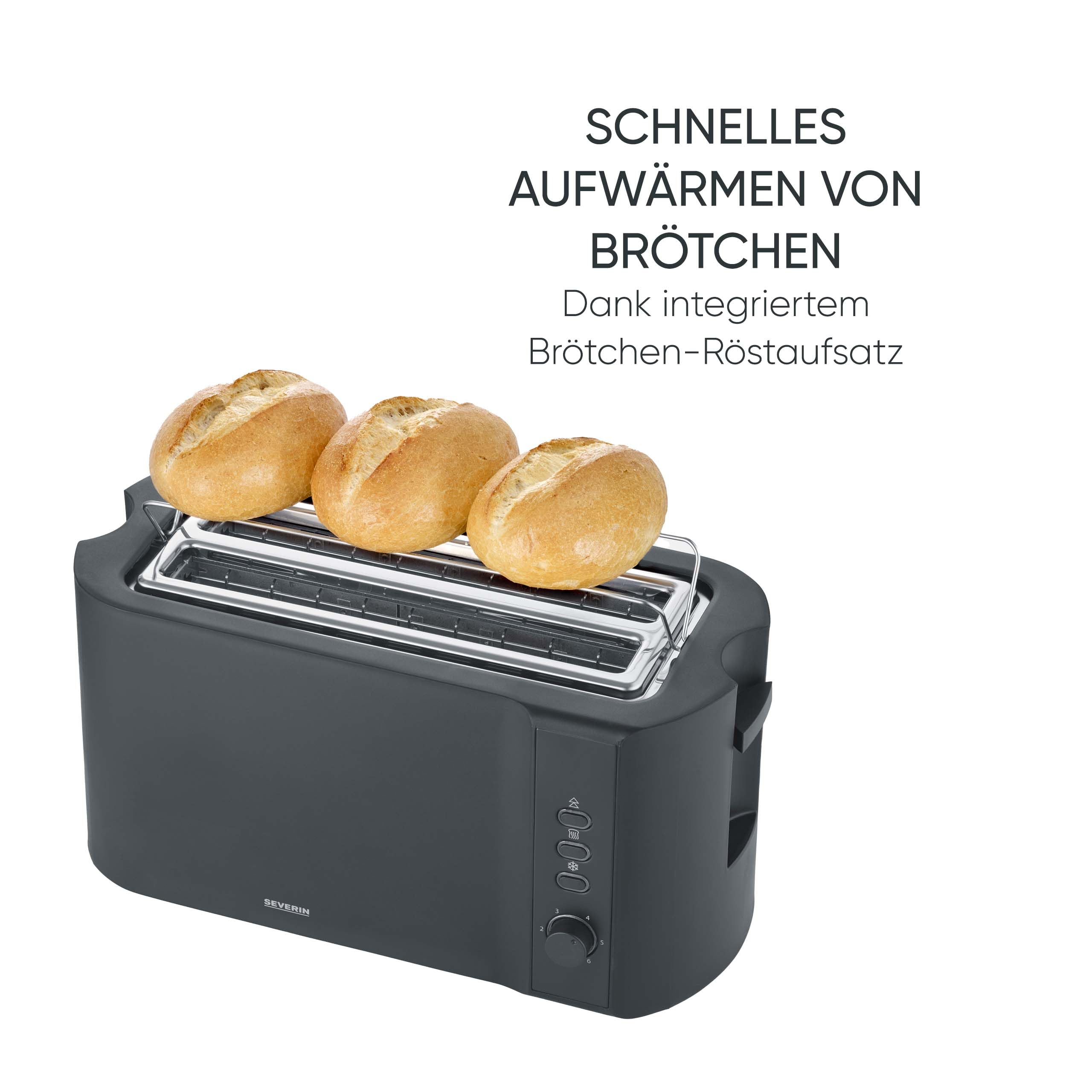 Severin Toaster Langschlitz, 4 Scheiben mit integrierten Brötchenaufsatz, 2 Langschlitz-Röstschachte, verschiedene Aufwärmstufen, 1.400 W, Schwarz Matt, AT 2591, Mattschwarz