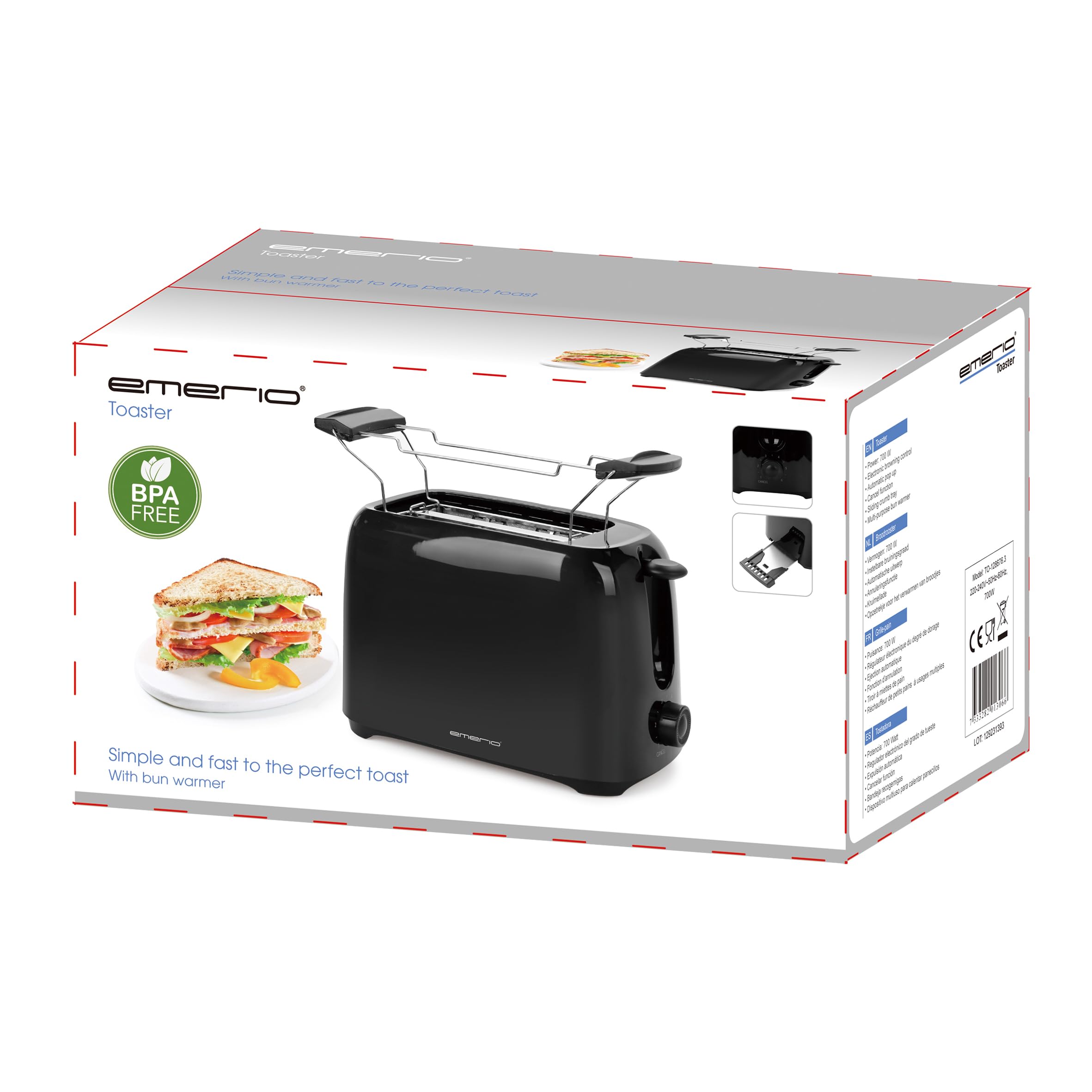 Emerio Toaster für 2 Toastscheiben mit herausnehmbarer Krümelschublade + Unterbrechungstaste + 6 einstellbare Bräunungsstufen + Brötchenaufsatz + Kabelaufwicklung | BPA frei | 700W | TO-128676.3