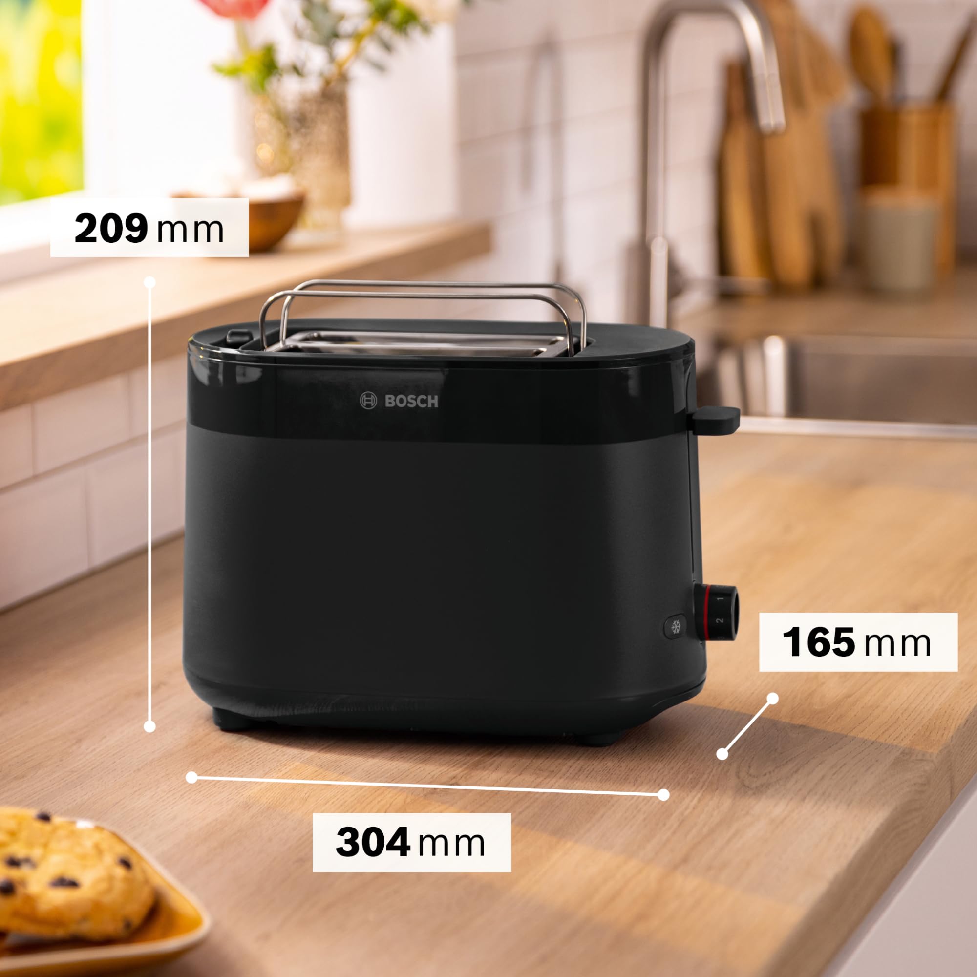 Bosch Kompakt Toaster MyMoment TAT2M123, integrierter Brötchenaufsatz, mit Auftaufunktion, mit Abschaltautomatik, Liftfunktion, Brotzentrierung, perfekt für 2 Scheiben, 800 Watt, Schwarz matt