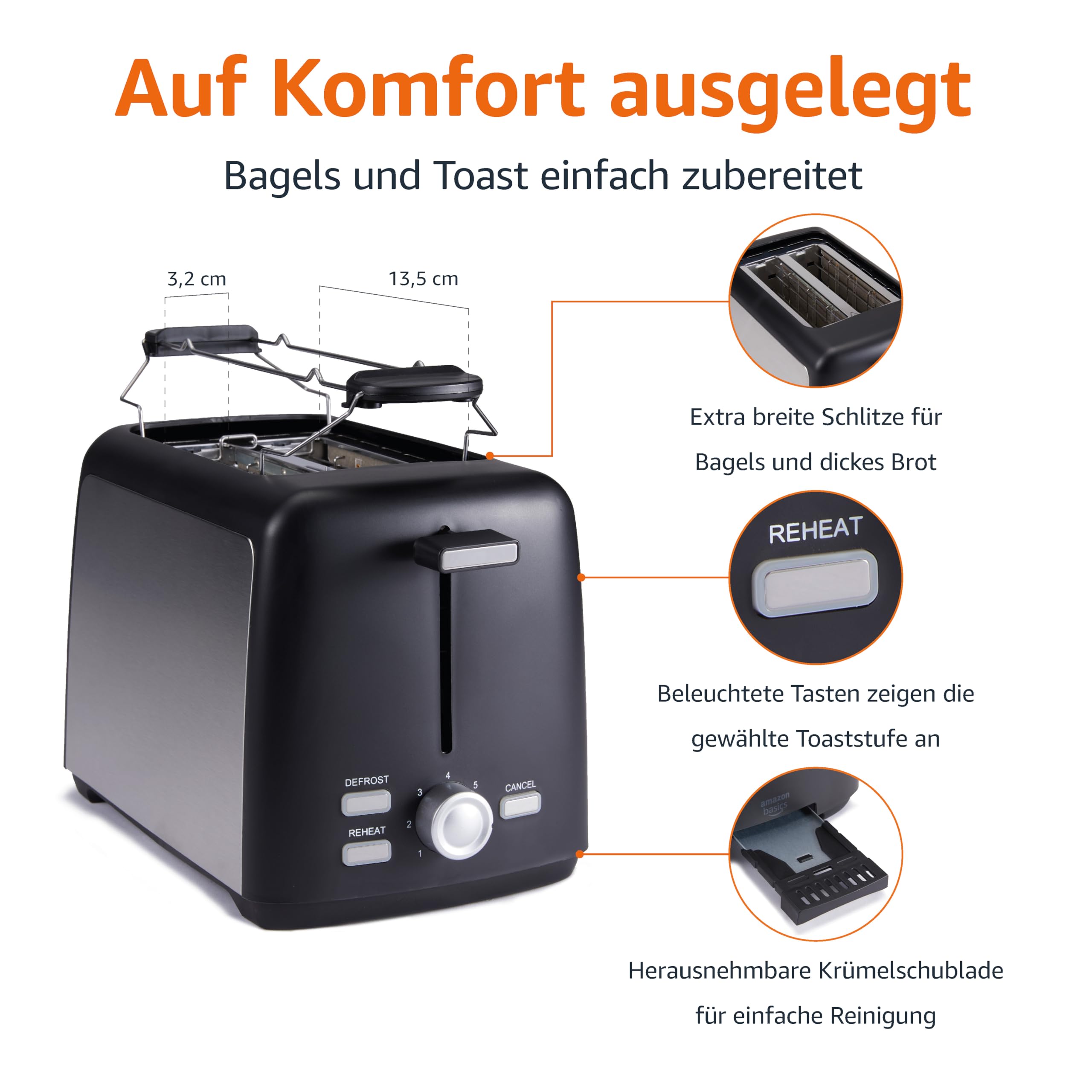 Amazon Basics 2-Scheiben Toaster mit 7 Bräunungsstufen und Herausnehmbarer Krümelschublade, Extra Breite Schlitze, 800W, Schwarz