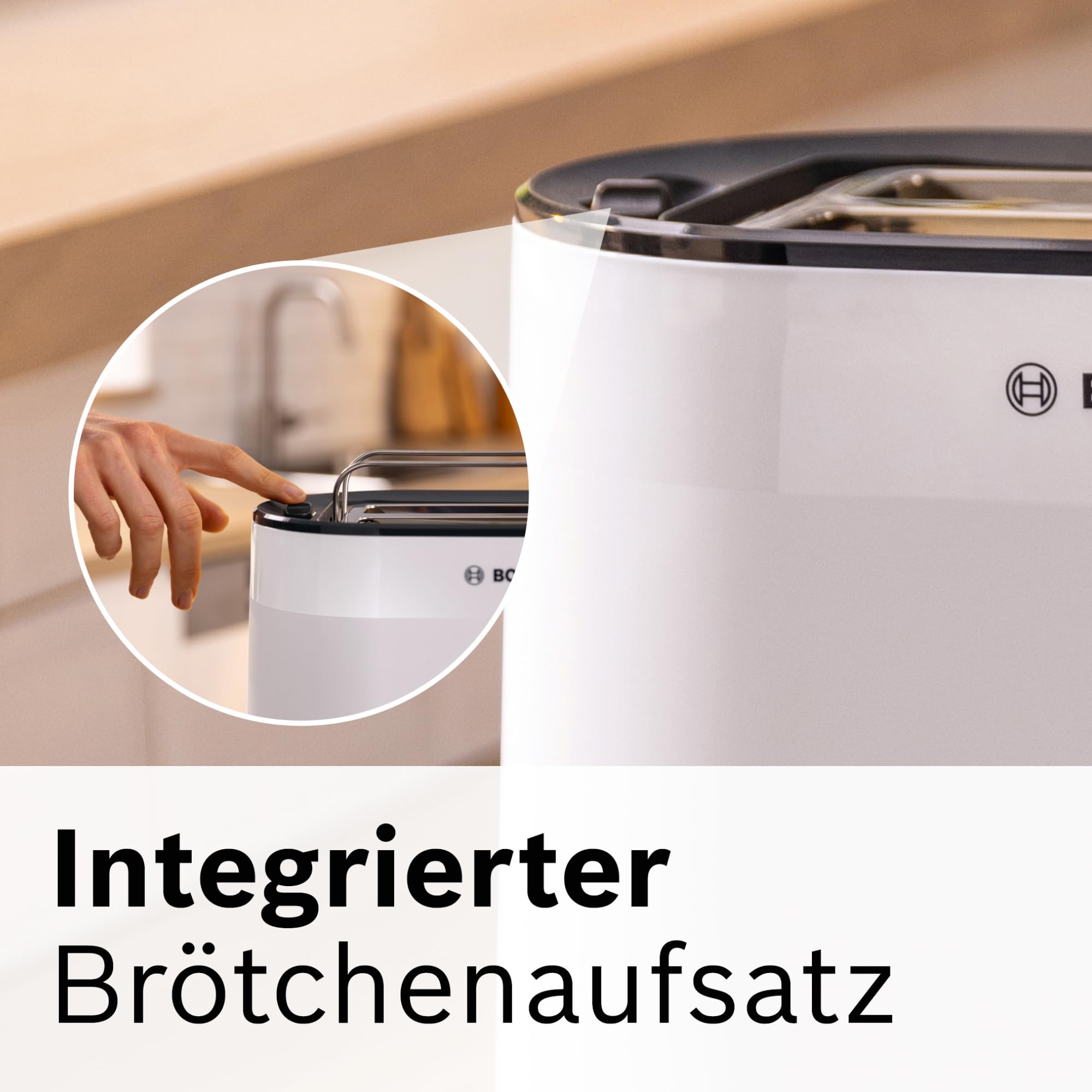 Bosch Kompakt Toaster MyMoment TAT2M121, integrierter Brötchenaufsatz, mit Auftaufunktion, mit Abschaltautomatik, Liftfunktion, Brotzentrierung, perfekt für 2 Scheiben, 800 Watt, Weiß matt