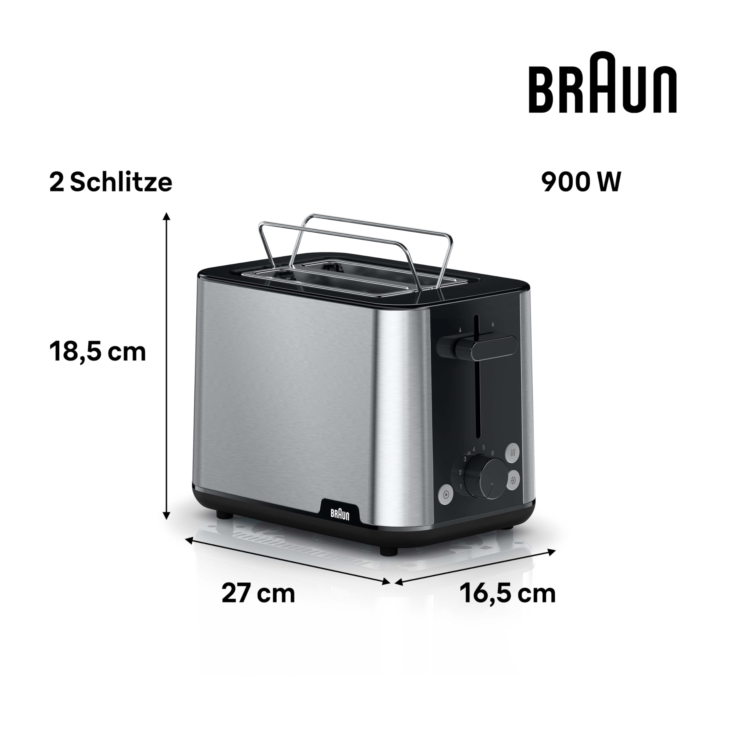 Braun PurShine Toaster HT1510 BK – Doppelschlitz-Toaster, 8 Röstgrade, Aufwärm- & Auftaufunktion, Ausziehbare Krümelschale, 900 Watt, Schwarz
