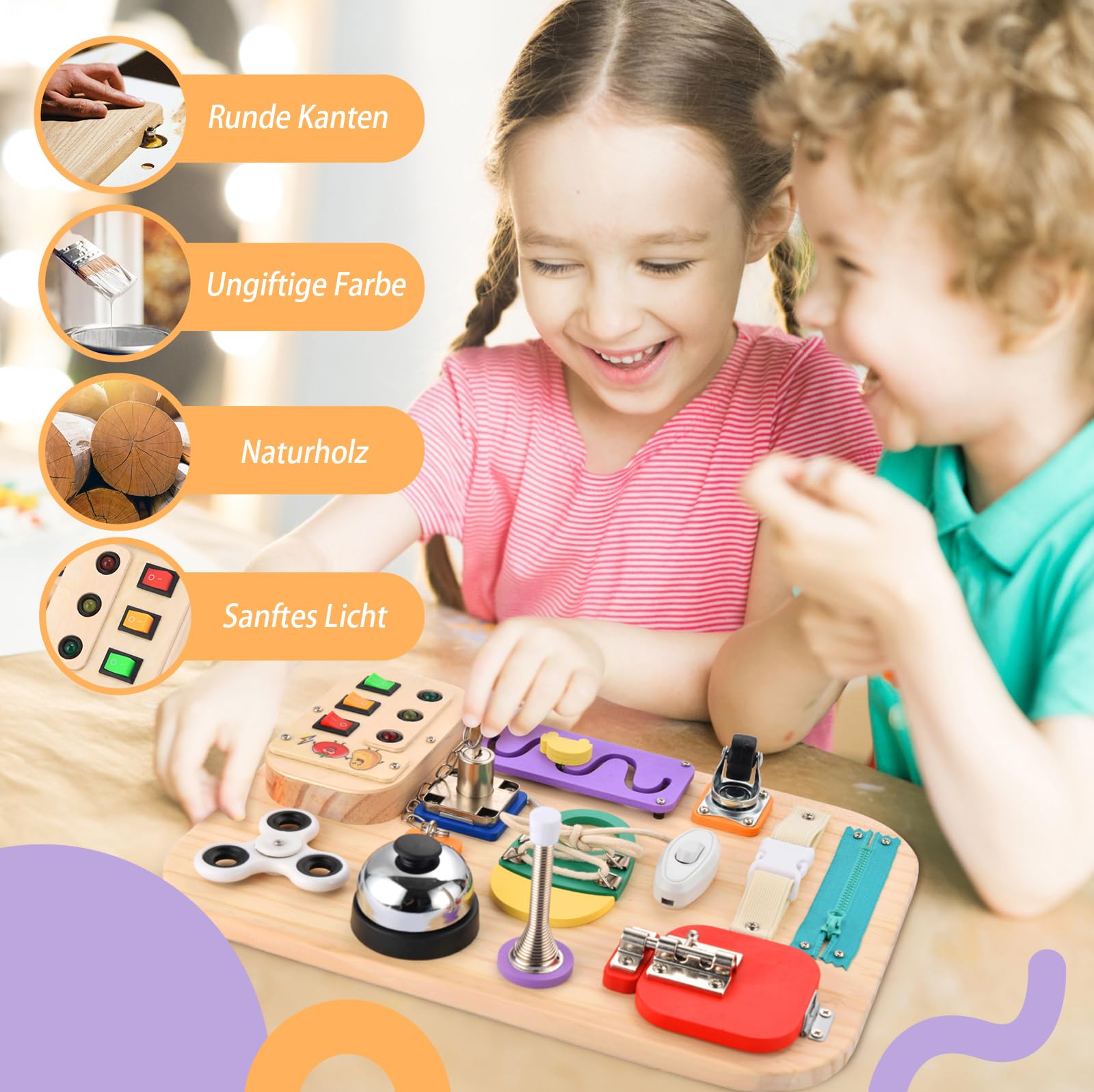 Potatomato Montessori Busy Board Holzspielzeug, Sensorik & Motorik Lernspielzeug für Kinder, Activity Board für Babys & Kleinkinder, pädagogisch wertvoll