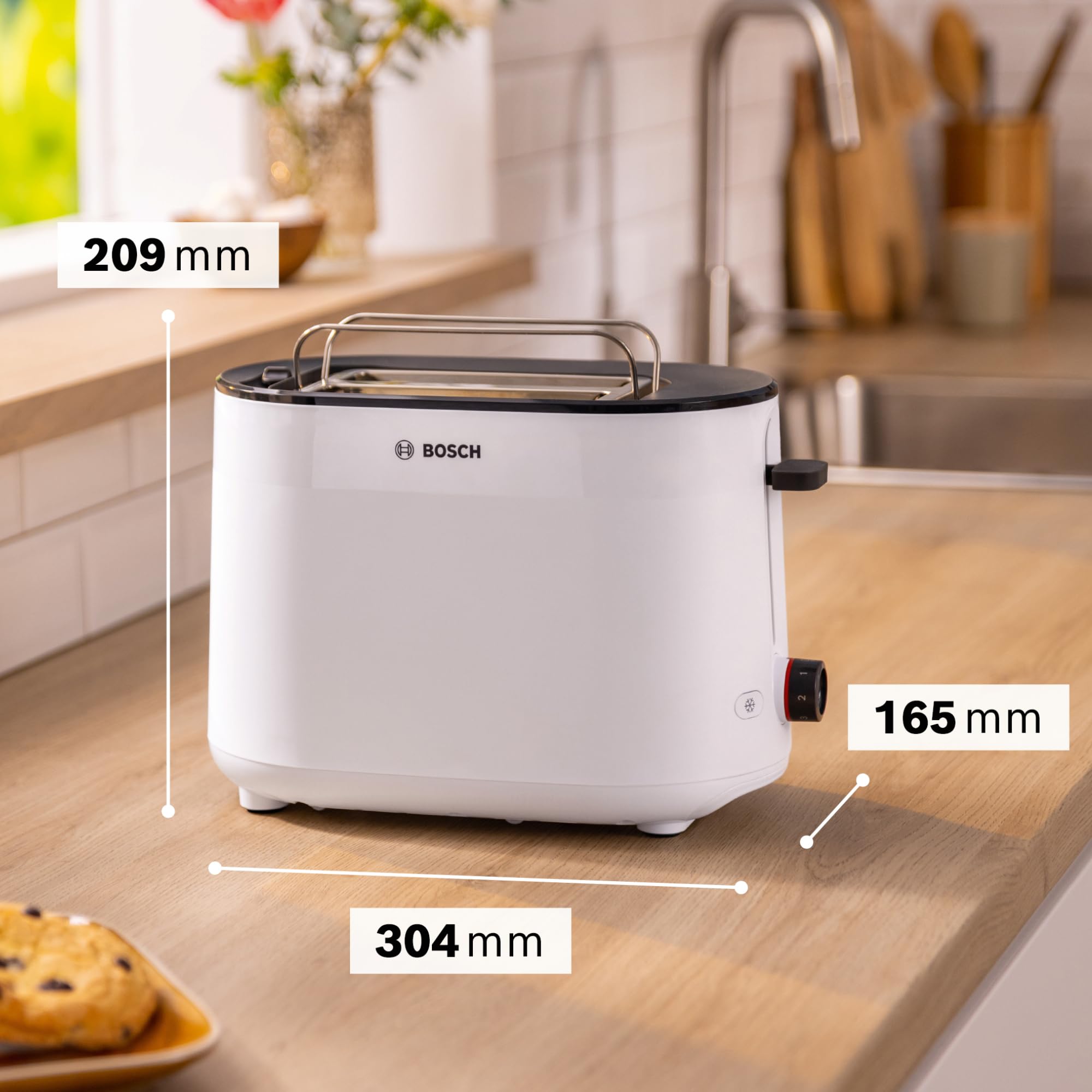 Bosch Kompakt Toaster MyMoment TAT2M121, integrierter Brötchenaufsatz, mit Auftaufunktion, mit Abschaltautomatik, Liftfunktion, Brotzentrierung, perfekt für 2 Scheiben, 800 Watt, Weiß matt
