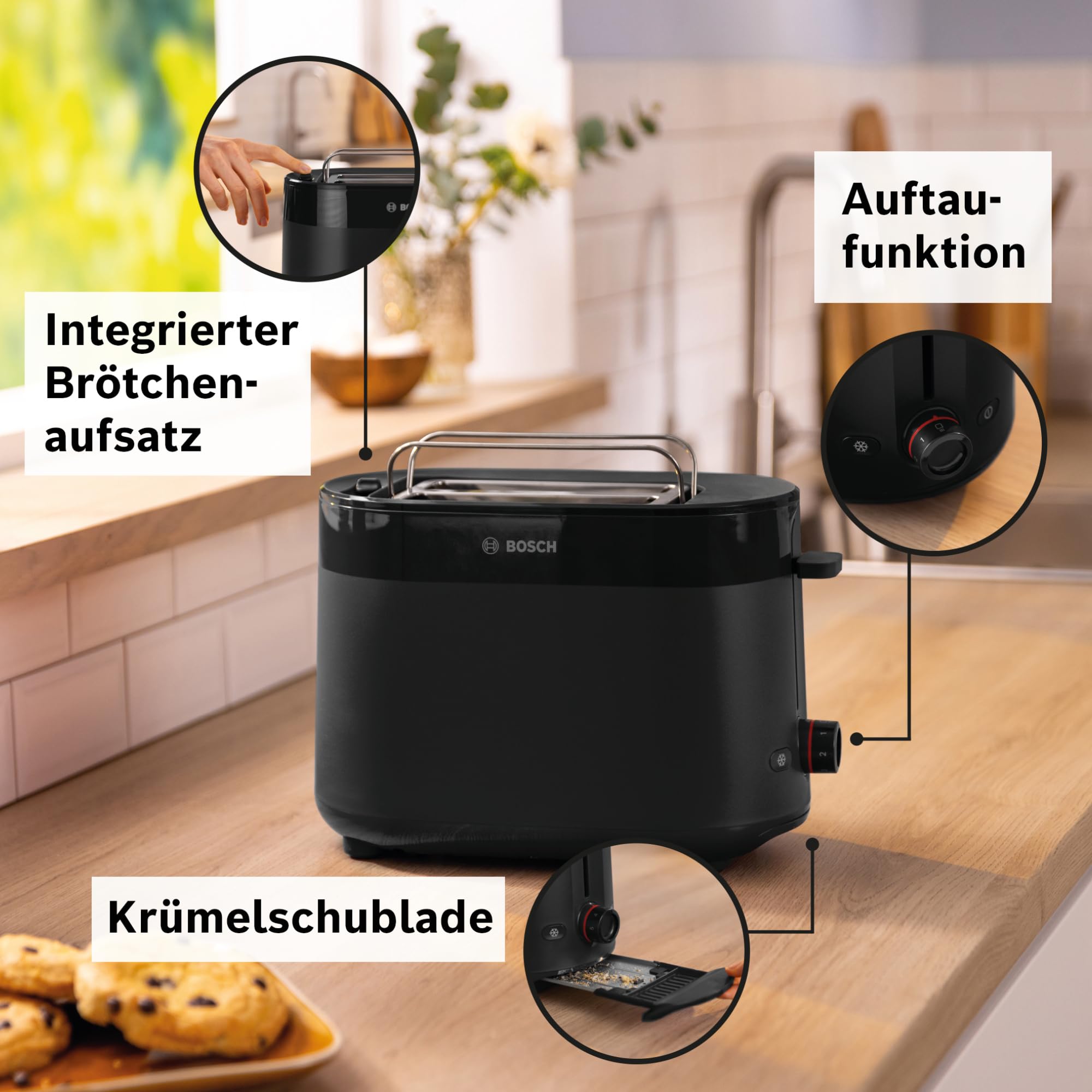 Bosch Kompakt Toaster MyMoment TAT2M123, integrierter Brötchenaufsatz, mit Auftaufunktion, mit Abschaltautomatik, Liftfunktion, Brotzentrierung, perfekt für 2 Scheiben, 800 Watt, Schwarz matt