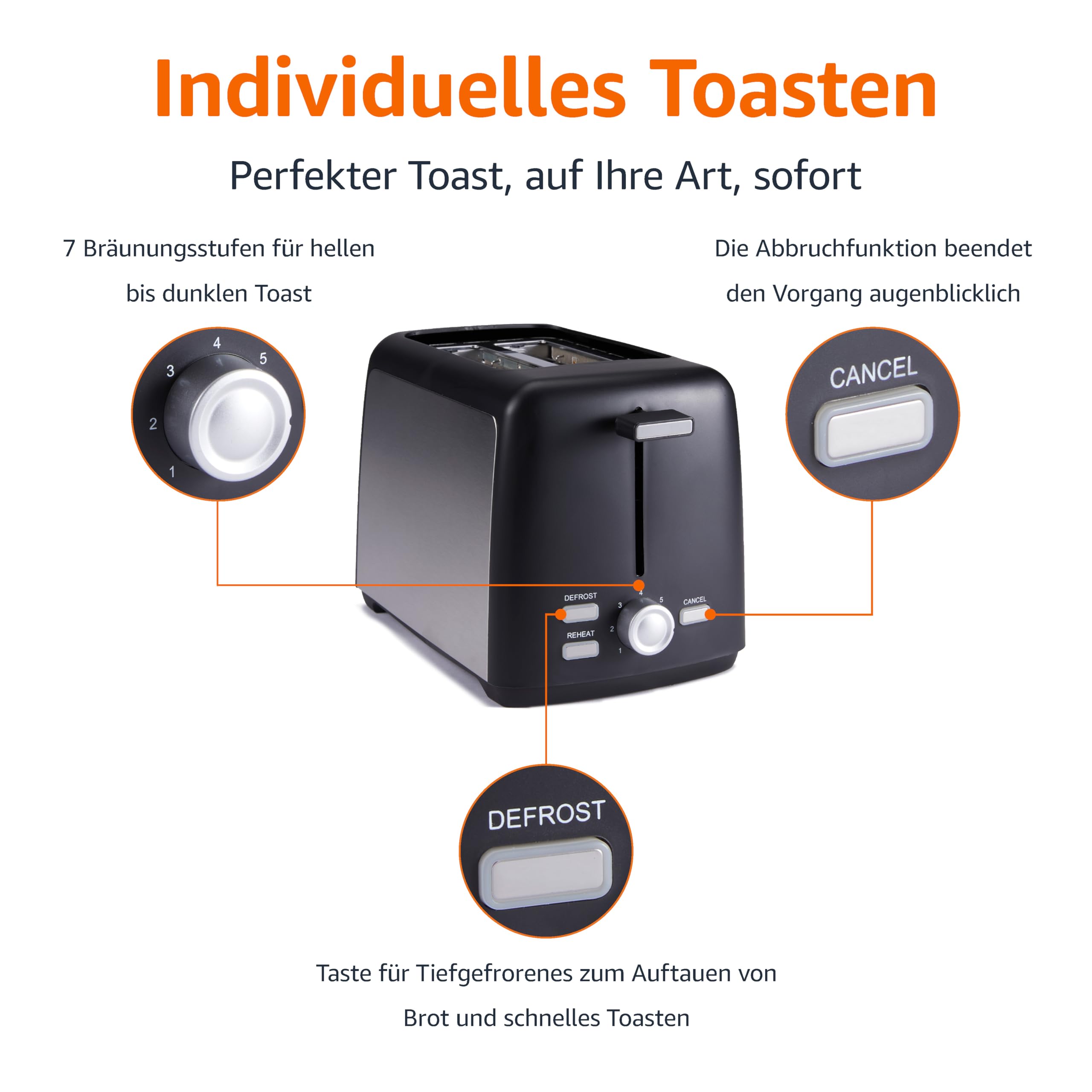 Amazon Basics 2-Scheiben Toaster mit 7 Bräunungsstufen und Herausnehmbarer Krümelschublade, Extra Breite Schlitze, 800W, Schwarz
