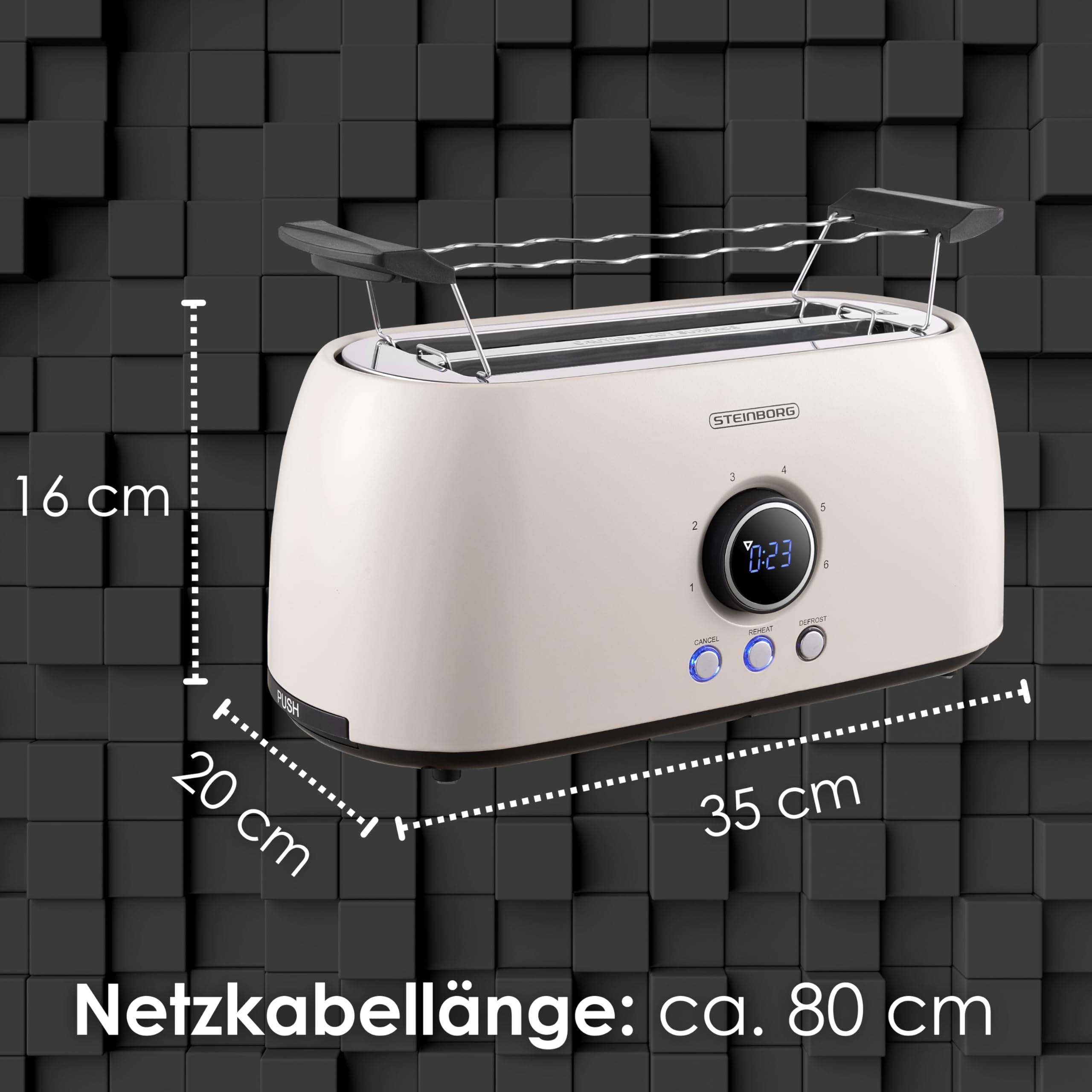 Steinborg Toaster 4 Scheiben mit Brötchenaufsatz Langschlitztoaster Toastautomat Automatische Abschaltung Doppelschlitztoaster Familientoaster Toastgerät LED Display mit Restzeitanzeige (Bulgur Beige)