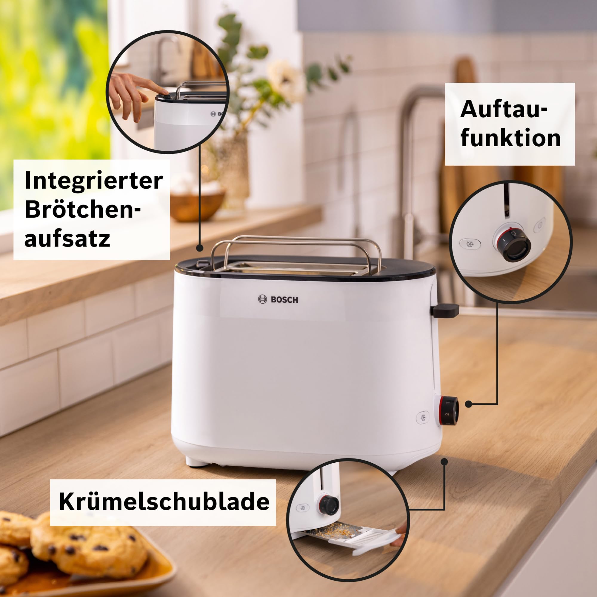 Bosch Kompakt Toaster MyMoment TAT2M121, integrierter Brötchenaufsatz, mit Auftaufunktion, mit Abschaltautomatik, Liftfunktion, Brotzentrierung, perfekt für 2 Scheiben, 800 Watt, Weiß matt