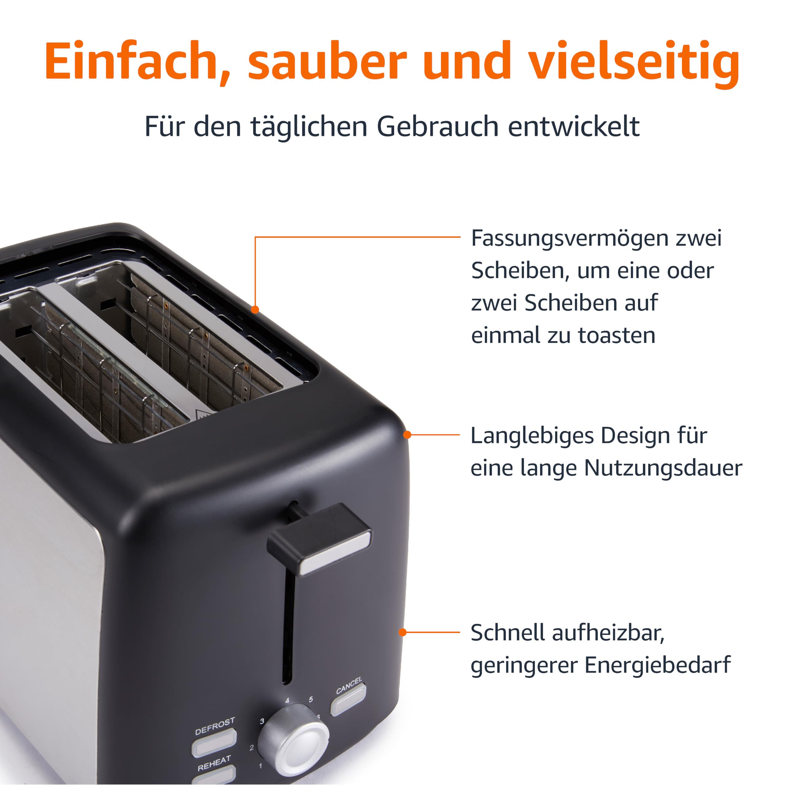 Amazon Basics 2-Scheiben Toaster mit 7 Bräunungsstufen und Herausnehmbarer Krümelschublade, Extra Breite Schlitze, 800W, Schwarz