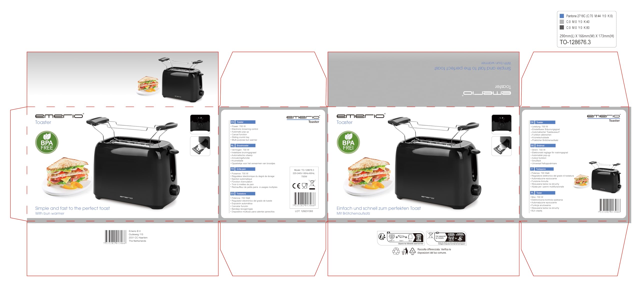 Emerio Toaster für 2 Toastscheiben mit herausnehmbarer Krümelschublade + Unterbrechungstaste + 6 einstellbare Bräunungsstufen + Brötchenaufsatz + Kabelaufwicklung | BPA frei | 700W | TO-128676.3