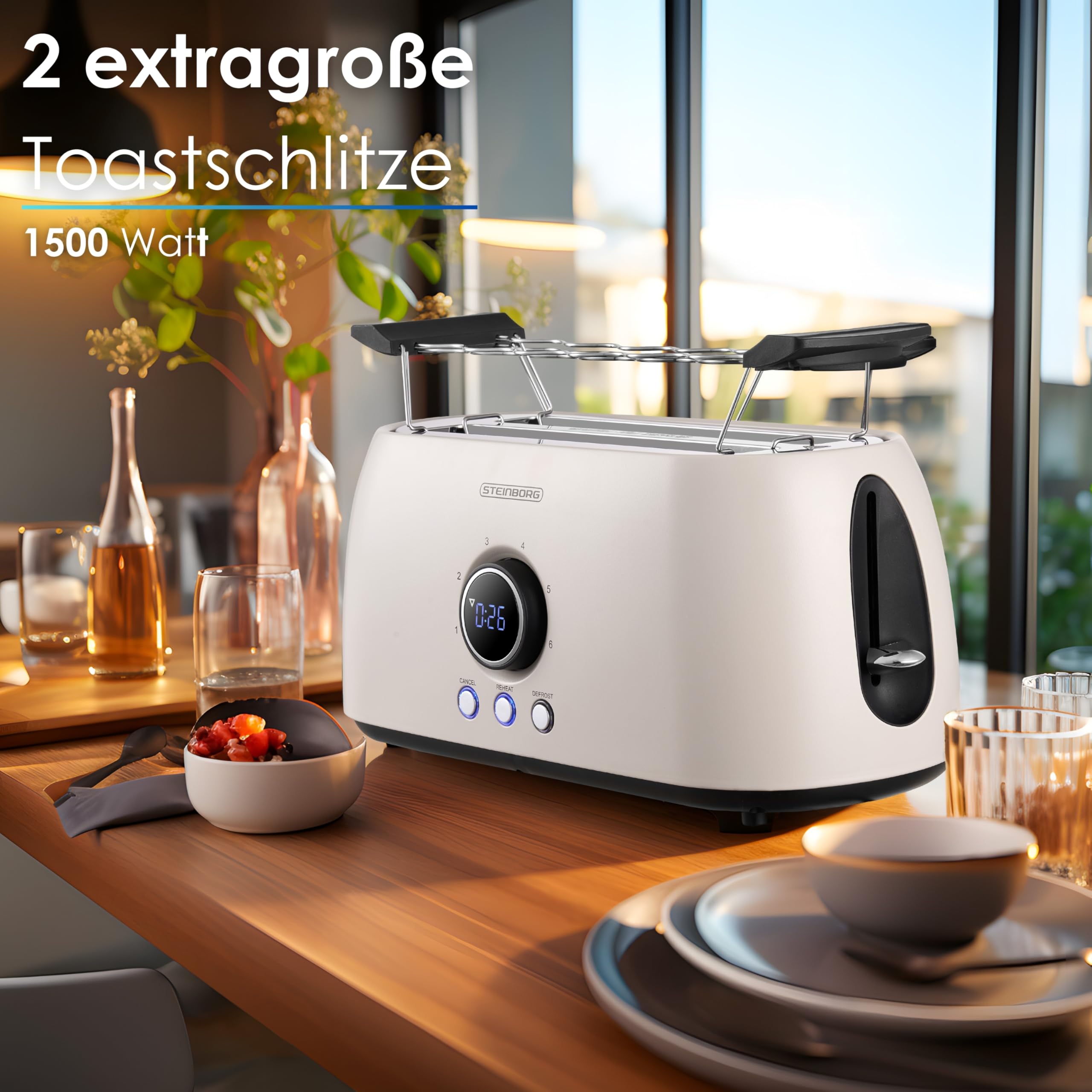 Steinborg Toaster 4 Scheiben mit Brötchenaufsatz Langschlitztoaster Toastautomat Automatische Abschaltung Doppelschlitztoaster Familientoaster Toastgerät LED Display mit Restzeitanzeige (Bulgur Beige)