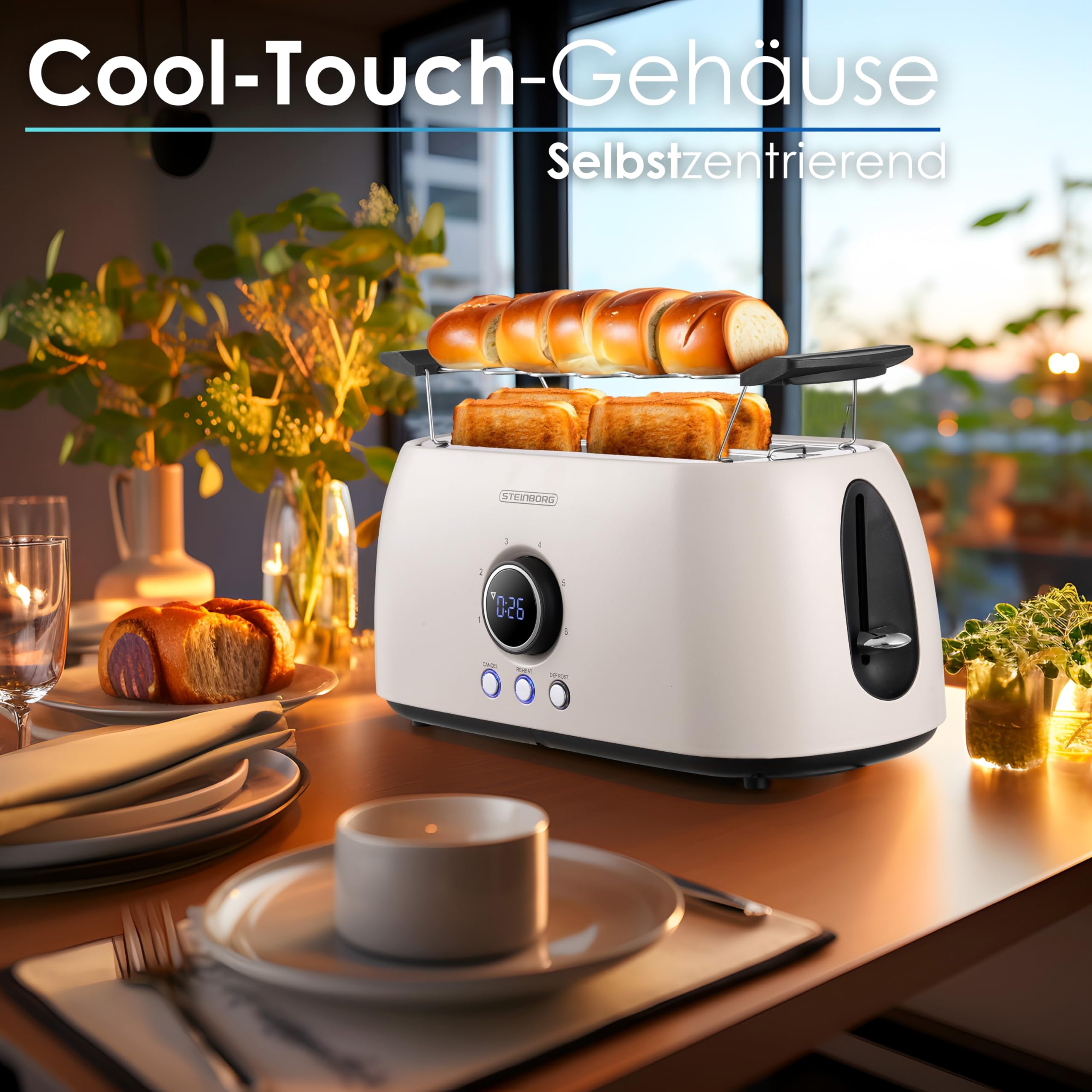 Steinborg Toaster 4 Scheiben mit Brötchenaufsatz Langschlitztoaster Toastautomat Automatische Abschaltung Doppelschlitztoaster Familientoaster Toastgerät LED Display mit Restzeitanzeige (Bulgur Beige)