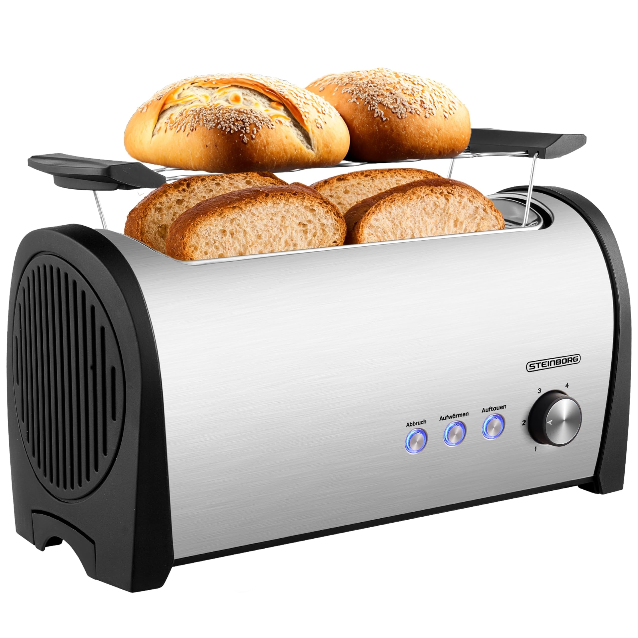 Steinborg Toaster 4 Scheiben mit Brötchenaufsatz XXL Langschlitztoaster Edelstahl Blaue LED Beleuchtung Toastautomat Automatische Abschaltung Doppelschlitztoaster Familientoaster Toastgerät