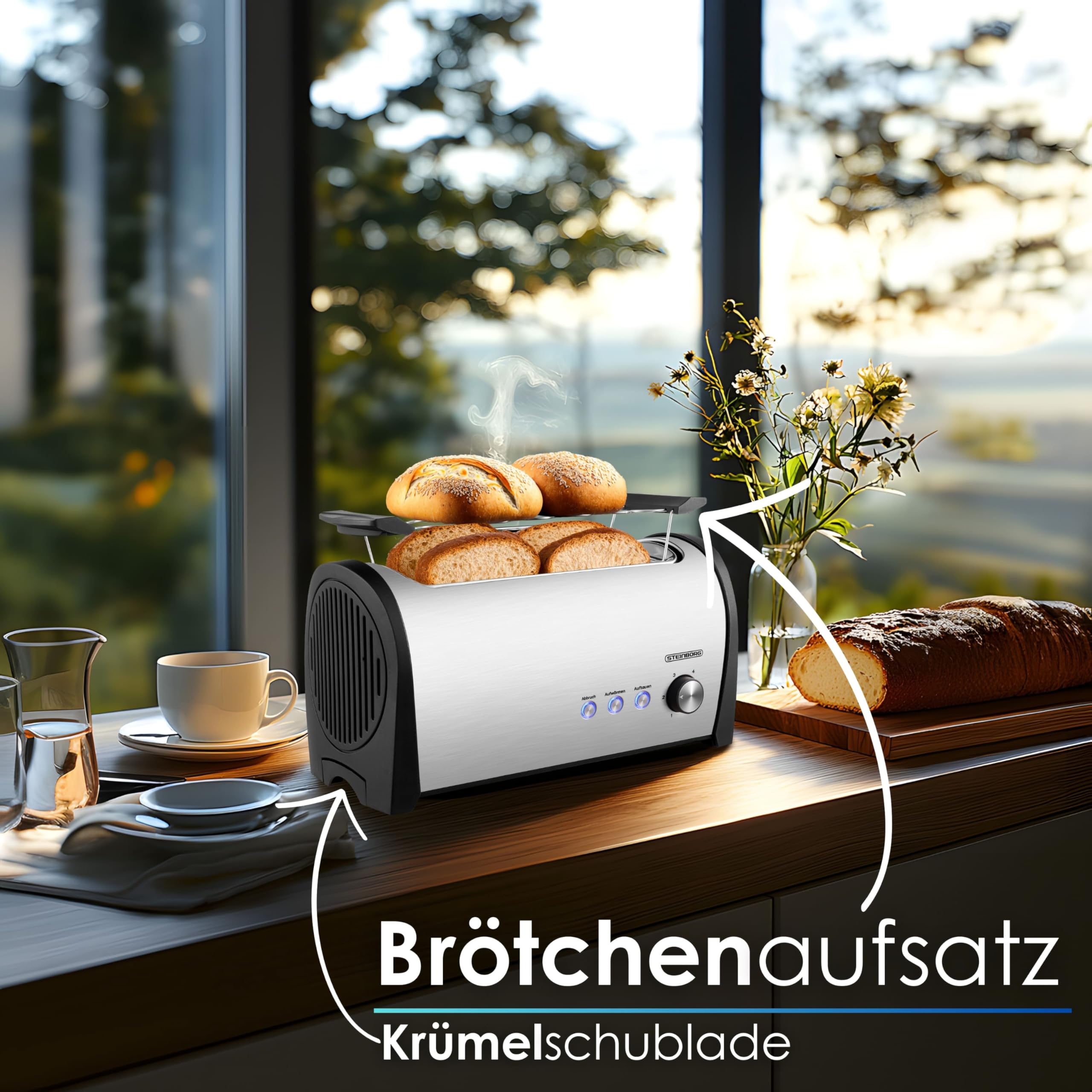 Steinborg Toaster 4 Scheiben mit Brötchenaufsatz XXL Langschlitztoaster Edelstahl Blaue LED Beleuchtung Toastautomat Automatische Abschaltung Doppelschlitztoaster Familientoaster Toastgerät