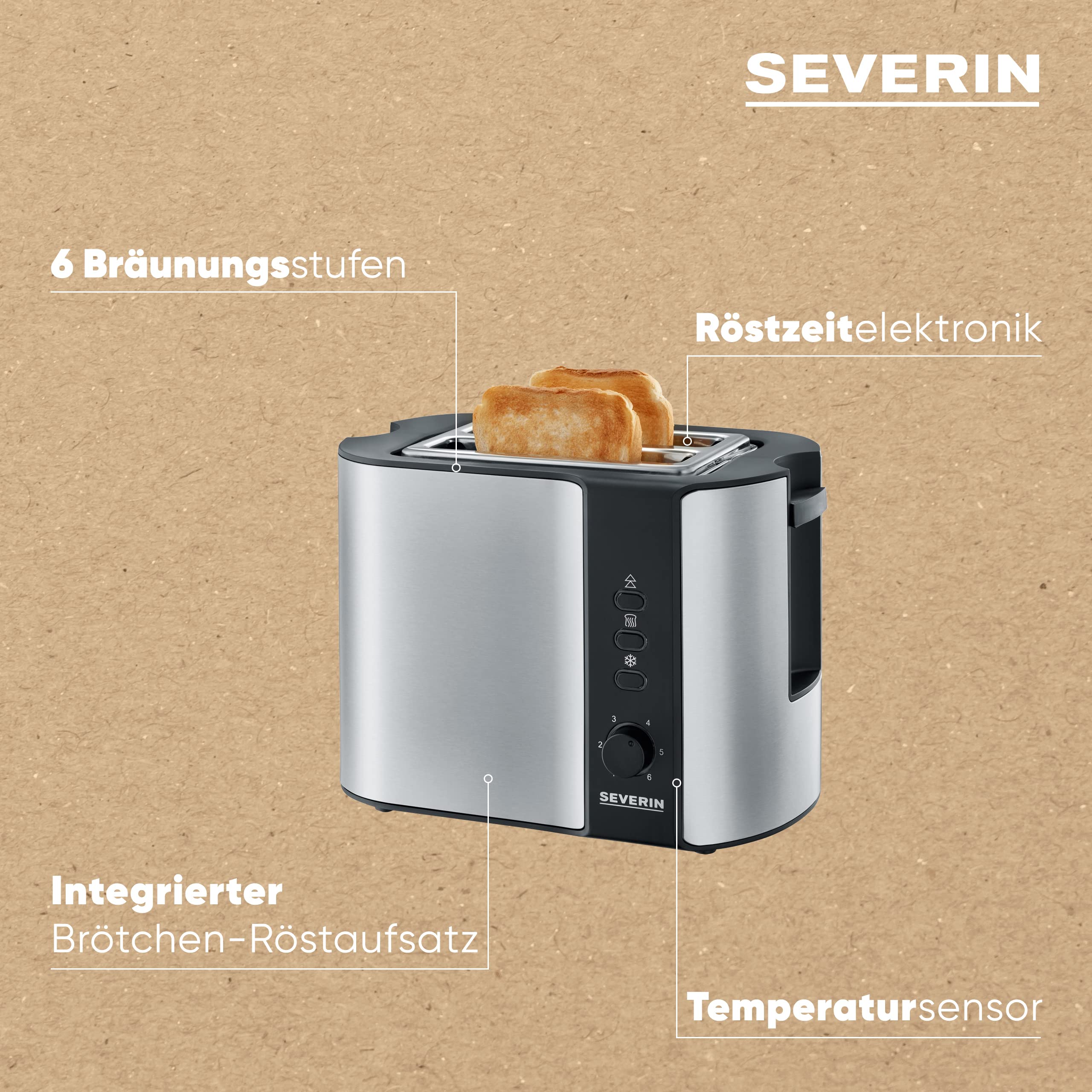 SEVERIN Automatik-Toaster, mit Brötchenaufsatz, hochwertiger Edelstahl Toaster zum Toasten, Auftauen und Erwärmen, 800 W,steel, AT 2589