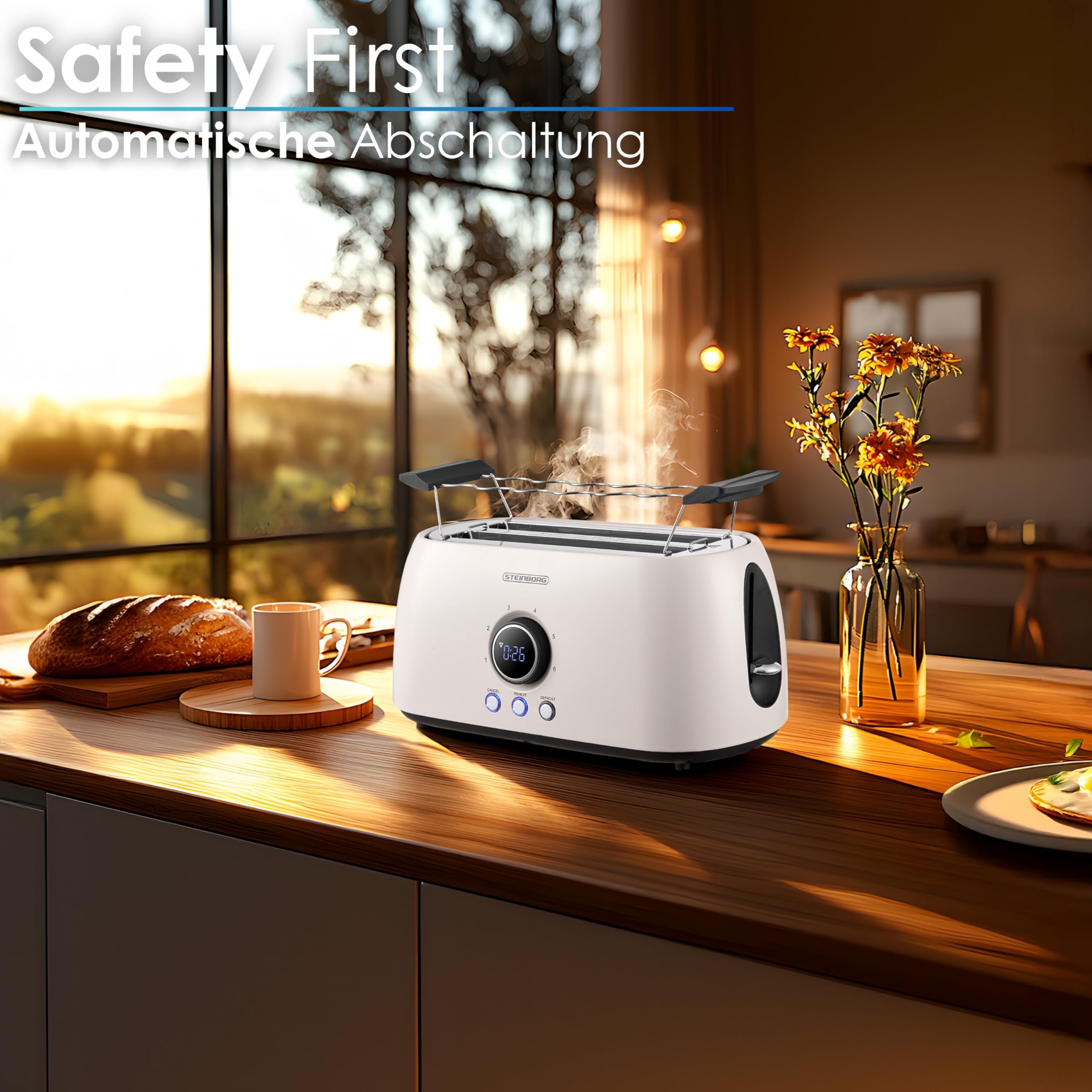 Steinborg Toaster 4 Scheiben mit Brötchenaufsatz Langschlitztoaster Toastautomat Automatische Abschaltung Doppelschlitztoaster Familientoaster Toastgerät LED Display mit Restzeitanzeige (Bulgur Beige)