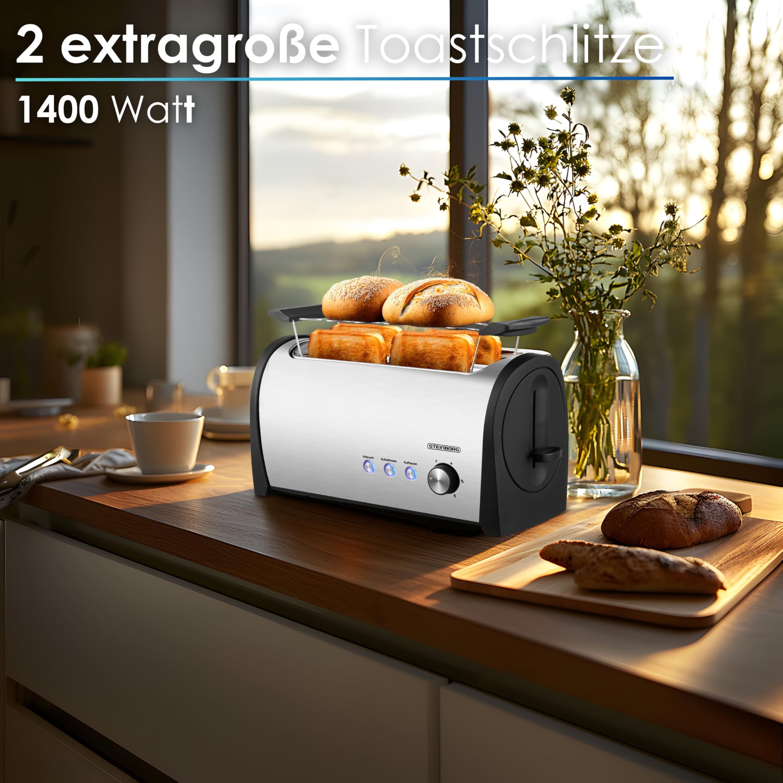 Steinborg Toaster 4 Scheiben mit Brötchenaufsatz XXL Langschlitztoaster Edelstahl Blaue LED Beleuchtung Toastautomat Automatische Abschaltung Doppelschlitztoaster Familientoaster Toastgerät