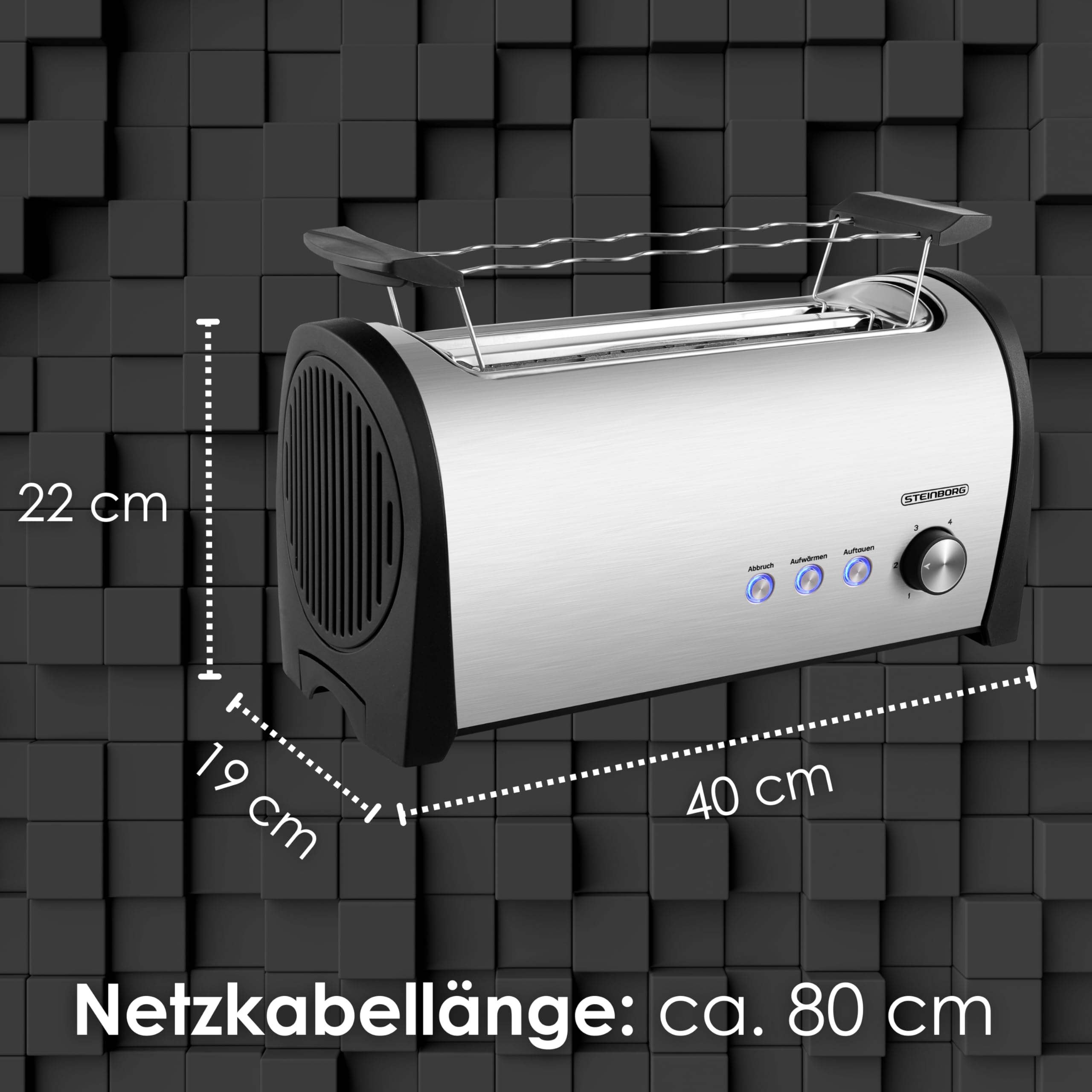 Steinborg Toaster 4 Scheiben mit Brötchenaufsatz XXL Langschlitztoaster Edelstahl Blaue LED Beleuchtung Toastautomat Automatische Abschaltung Doppelschlitztoaster Familientoaster Toastgerät