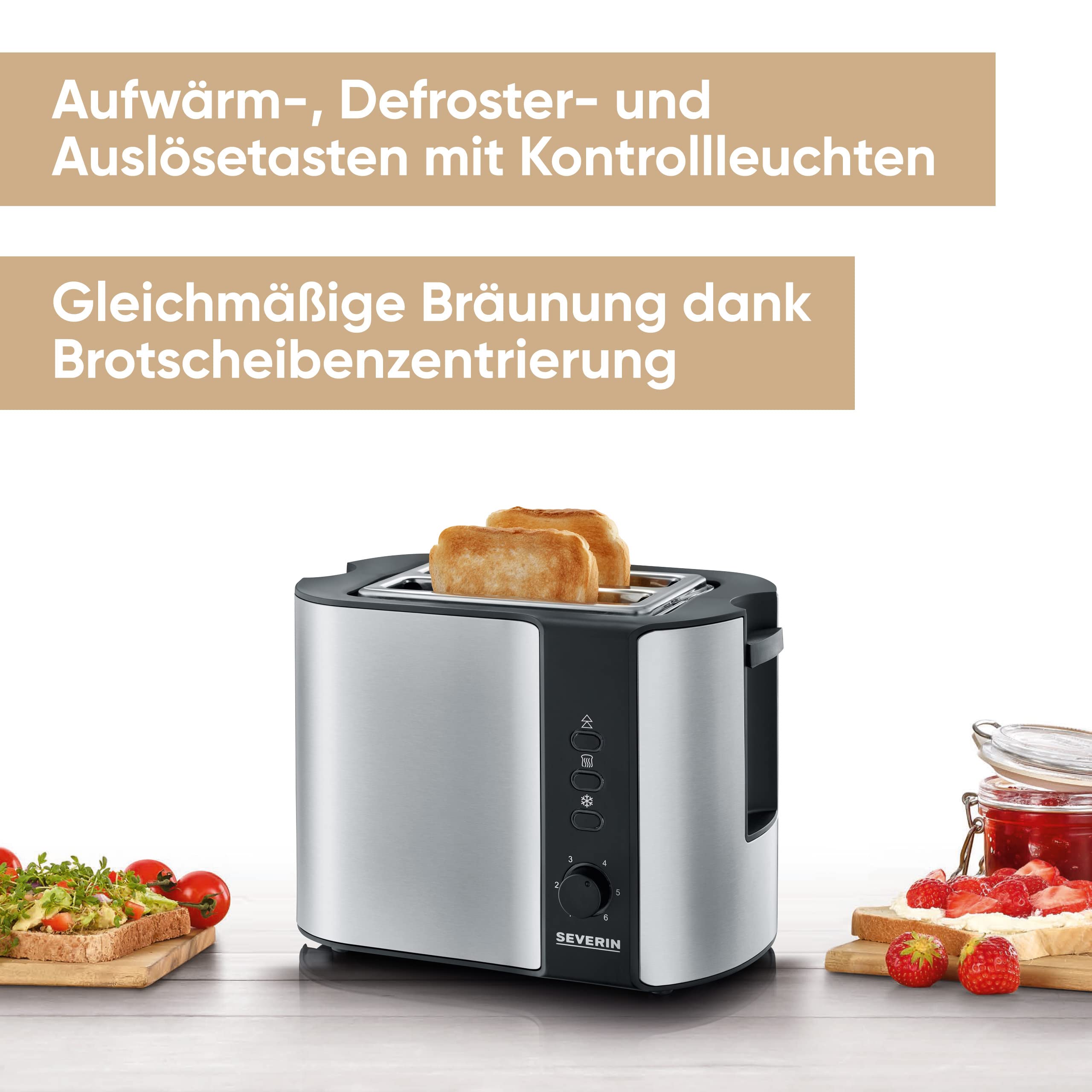 SEVERIN Automatik-Toaster, mit Brötchenaufsatz, hochwertiger Edelstahl Toaster zum Toasten, Auftauen und Erwärmen, 800 W,steel, AT 2589