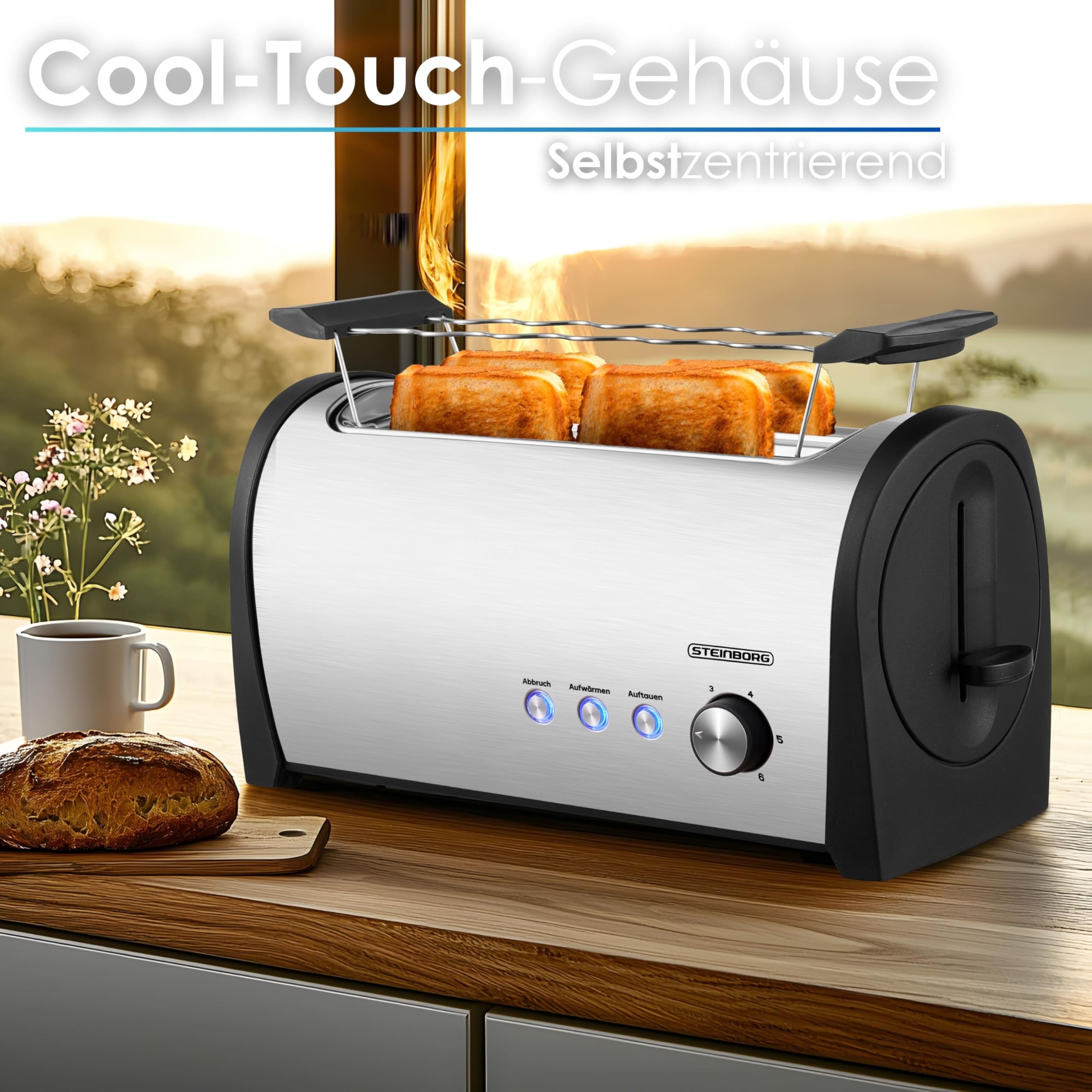 Steinborg Toaster 4 Scheiben mit Brötchenaufsatz XXL Langschlitztoaster Edelstahl Blaue LED Beleuchtung Toastautomat Automatische Abschaltung Doppelschlitztoaster Familientoaster Toastgerät