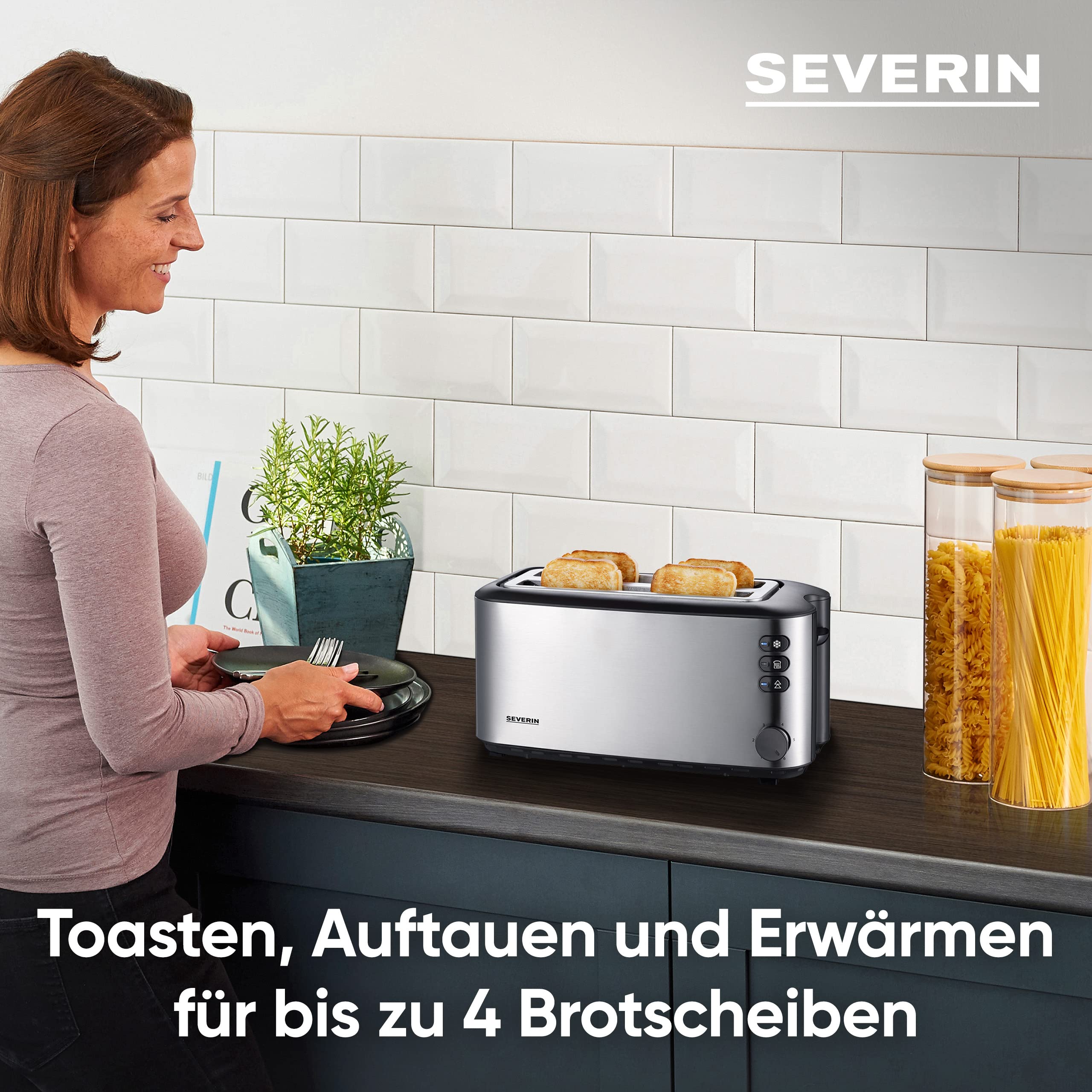 Severin Doppel-Langschlitztoaster mit eingebautem Brötchen-Aufsatz, für 4 Brotscheiben, Brotscheibenzentrierung, Aufwärm- und Defroster-Stufe, Edelstahl gebürstet, schwarz, 1.400 W, AT 2509
