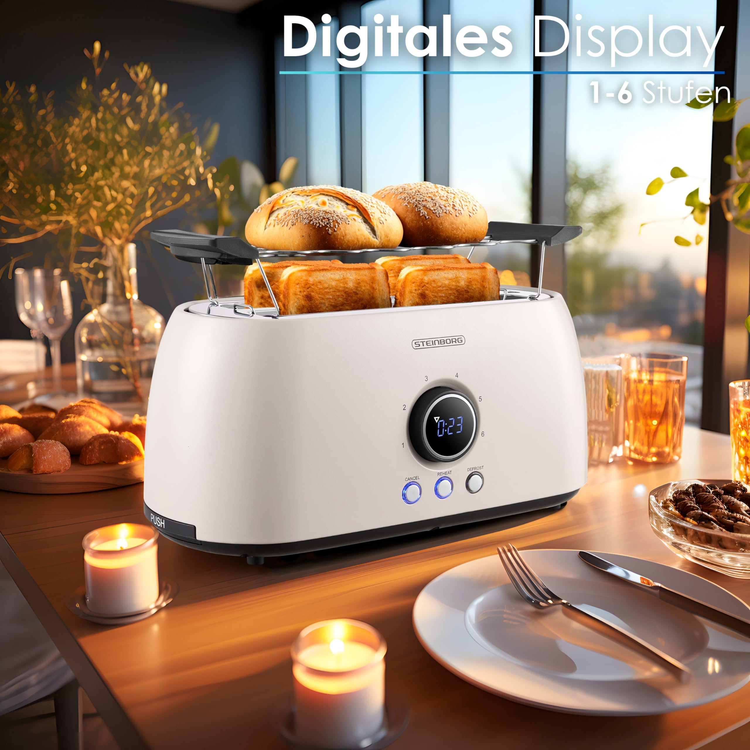 Steinborg Toaster 4 Scheiben mit Brötchenaufsatz Langschlitztoaster Toastautomat Automatische Abschaltung Doppelschlitztoaster Familientoaster Toastgerät LED Display mit Restzeitanzeige (Bulgur Beige)