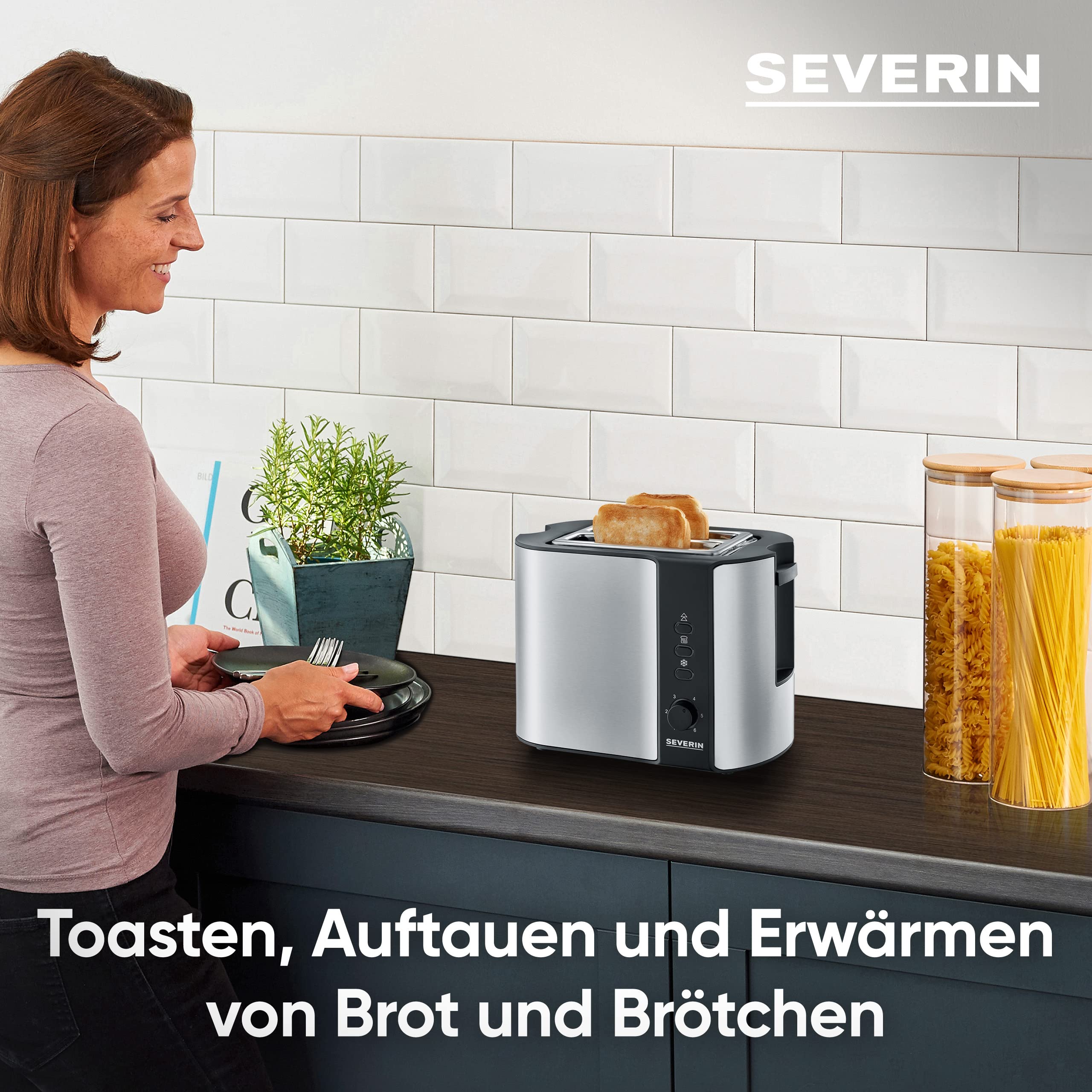 SEVERIN Automatik-Toaster, mit Brötchenaufsatz, hochwertiger Edelstahl Toaster zum Toasten, Auftauen und Erwärmen, 800 W,steel, AT 2589