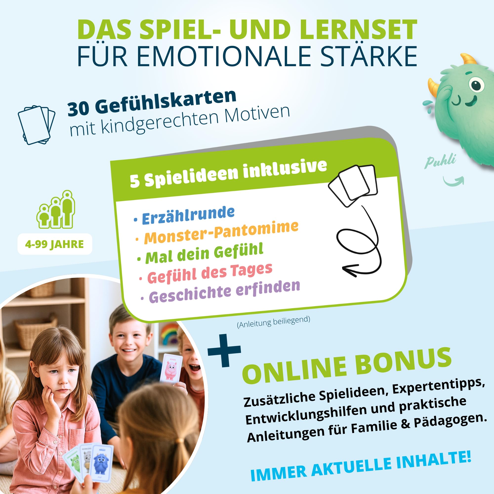 Gefühlsmonster Karten Set für Kinder, 30 emotionale Lernkarten ab 4 Jahren, Gefühle verstehen & ausdrücken, pädagogisches Spiel für Familie, Schule & Therapie