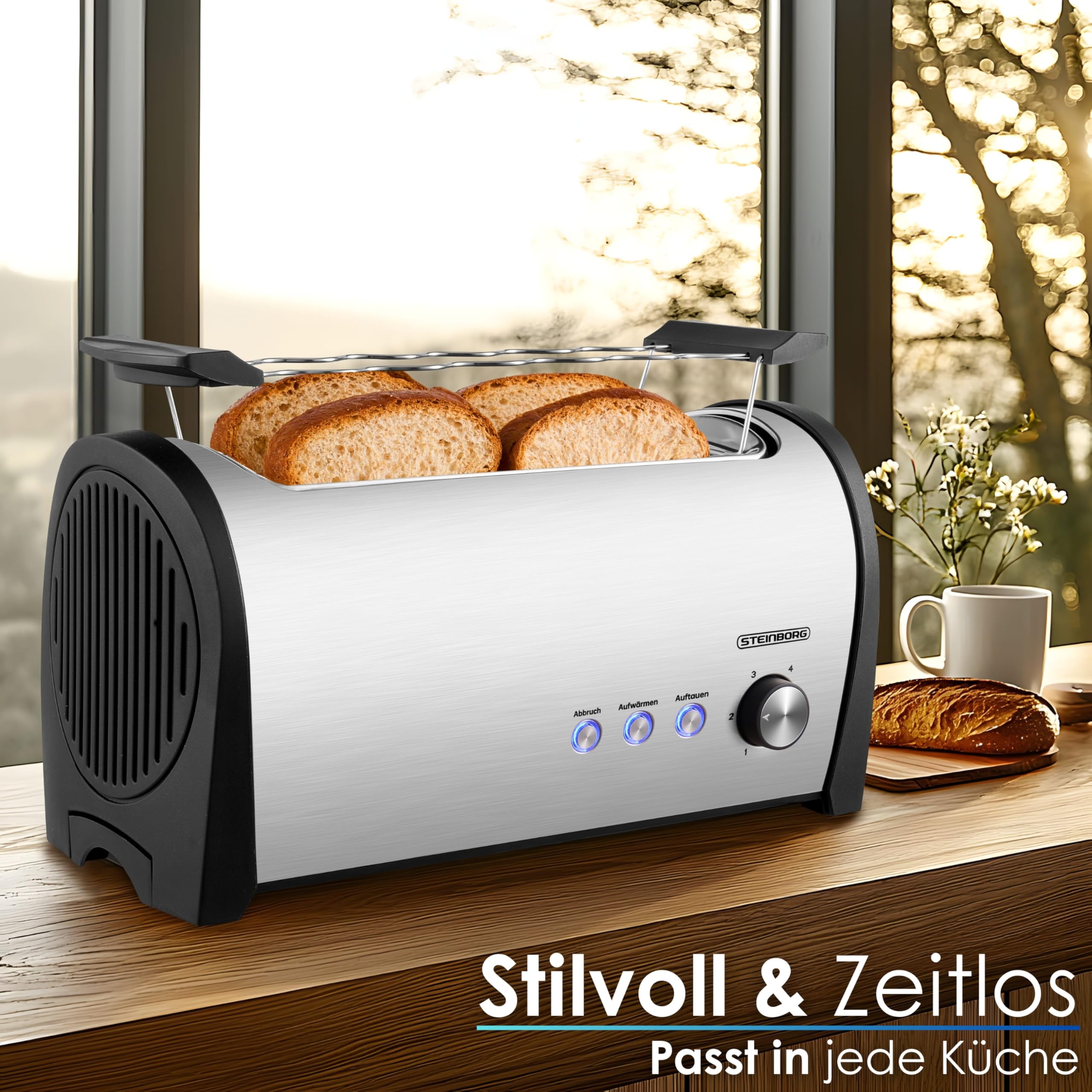 Steinborg Toaster 4 Scheiben mit Brötchenaufsatz XXL Langschlitztoaster Edelstahl Blaue LED Beleuchtung Toastautomat Automatische Abschaltung Doppelschlitztoaster Familientoaster Toastgerät