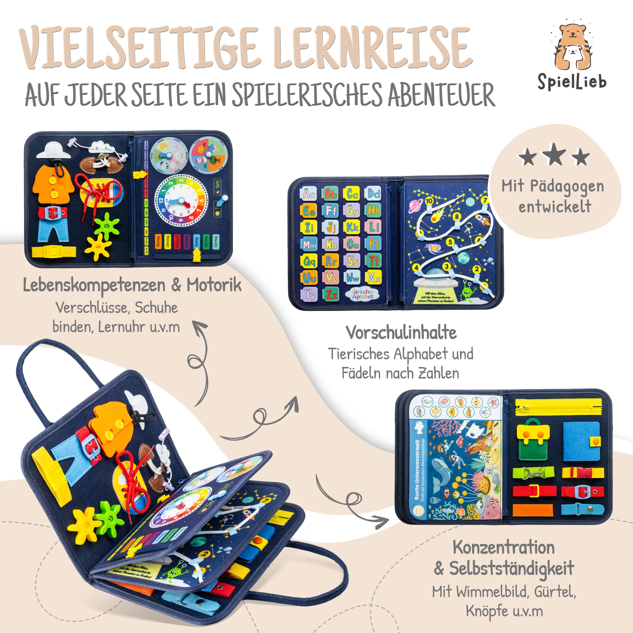 SpielLieb Montessori Busy Board ab 3 Jahren, interaktives Activity Board Spielzeug für Kleinkinder, Beschäftigung für Reisen, Förderung von Motorik & Entwicklung