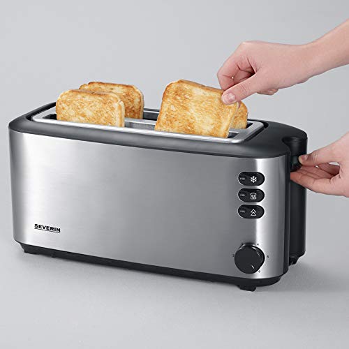 Severin Doppel-Langschlitztoaster mit eingebautem Brötchen-Aufsatz, für 4 Brotscheiben, Brotscheibenzentrierung, Aufwärm- und Defroster-Stufe, Edelstahl gebürstet, schwarz, 1.400 W, AT 2509