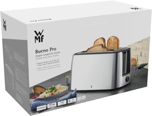 WMF Bueno Pro Langschlitz-Toaster aus Edelstahl für 4 Brotscheiben, mit Brötchenaufsatz, Aufknusper- und Auftaufunktion, 6 Bräunungsstufen – stilvoll für knusprigen Genuss im modernen Küchenambiente