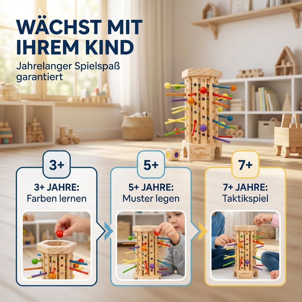 Madlino Farblern Turm Montessori Holzspielzeug, Motorik & Geschicklichkeit Spiel ab 3 Jahren, Farben lernen, pädagogisches Lernspiel für Kinder