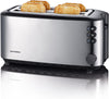 Severin Doppel-Langschlitztoaster mit eingebautem Brötchen-Aufsatz, für 4 Brotscheiben, Brotscheibenzentrierung, Aufwärm- und Defroster-Stufe, Edelstahl gebürstet, schwarz, 1.400 W, AT 2509