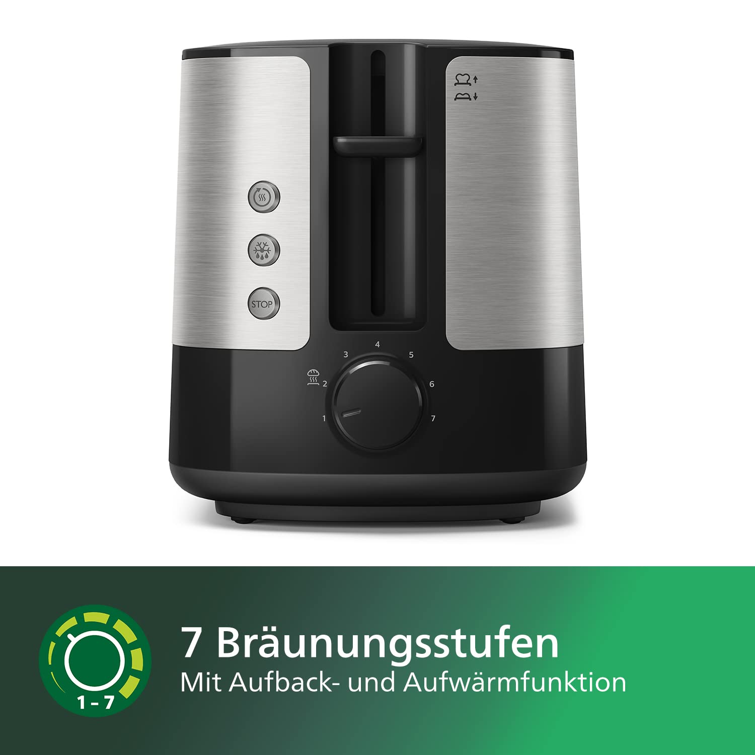 Philips Toaster – 2 Toastschlitze, 7 Stufen, Brötchenaufsatz, Auftaufunktion, Abschaltautomatik, Liftfunktion, schwarz (HD2637/90)