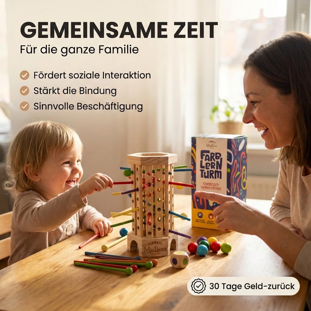 Madlino Farblern Turm Montessori Holzspielzeug, Motorik & Geschicklichkeit Spiel ab 3 Jahren, Farben lernen, pädagogisches Lernspiel für Kinder