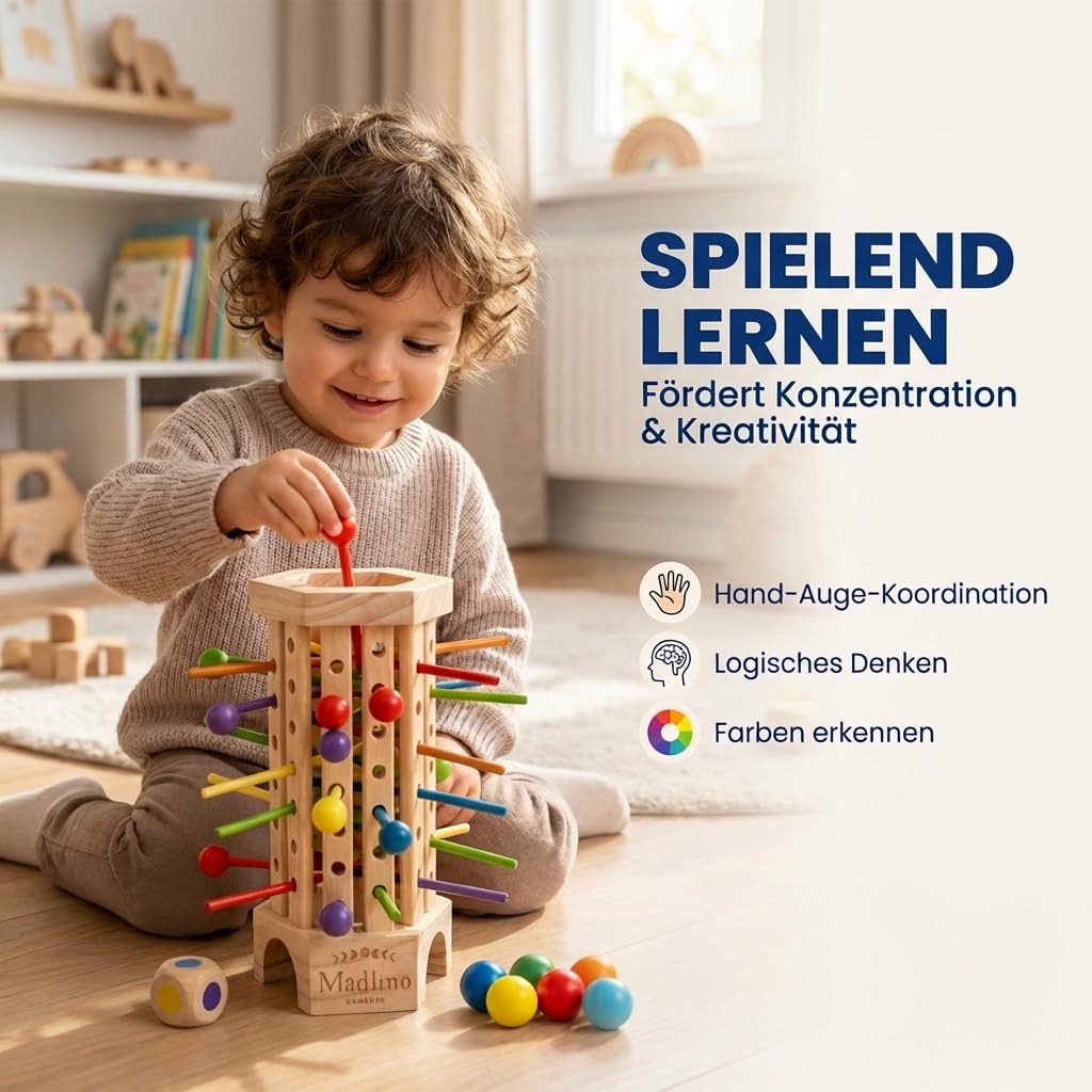 Madlino Farblern Turm Montessori Holzspielzeug, Motorik & Geschicklichkeit Spiel ab 3 Jahren, Farben lernen, pädagogisches Lernspiel für Kinder