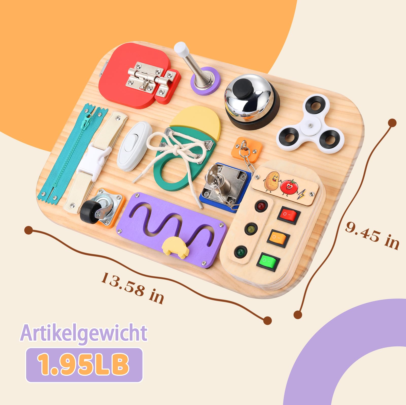 Potatomato Montessori Busy Board Holzspielzeug, Sensorik & Motorik Lernspielzeug für Kinder, Activity Board für Babys & Kleinkinder, pädagogisch wertvoll