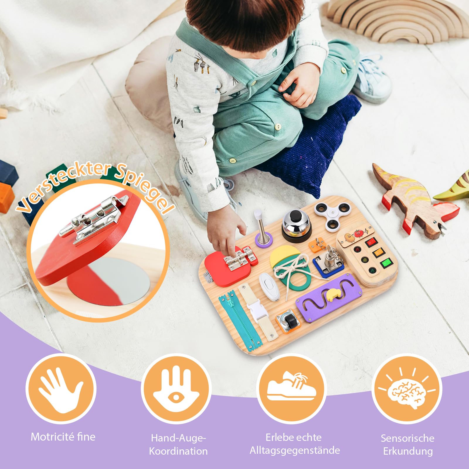 Potatomato Montessori Busy Board Holzspielzeug, Sensorik & Motorik Lernspielzeug für Kinder, Activity Board für Babys & Kleinkinder, pädagogisch wertvoll