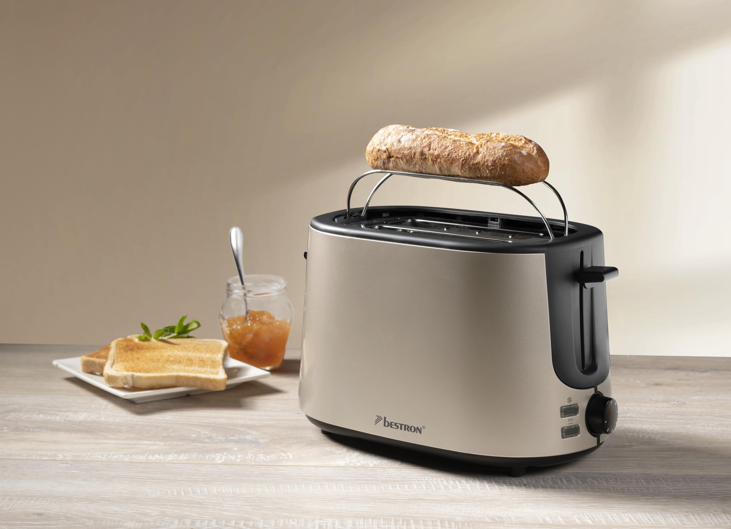 Bestron Toaster mit 2 Röstkammern, Toaster für 2 Scheiben, mit 7 Bräunungsstufen, Krümelschublade & Brötchenaufsatz, 1000 Watt, Satin Collection, Farbe: Hellbeige