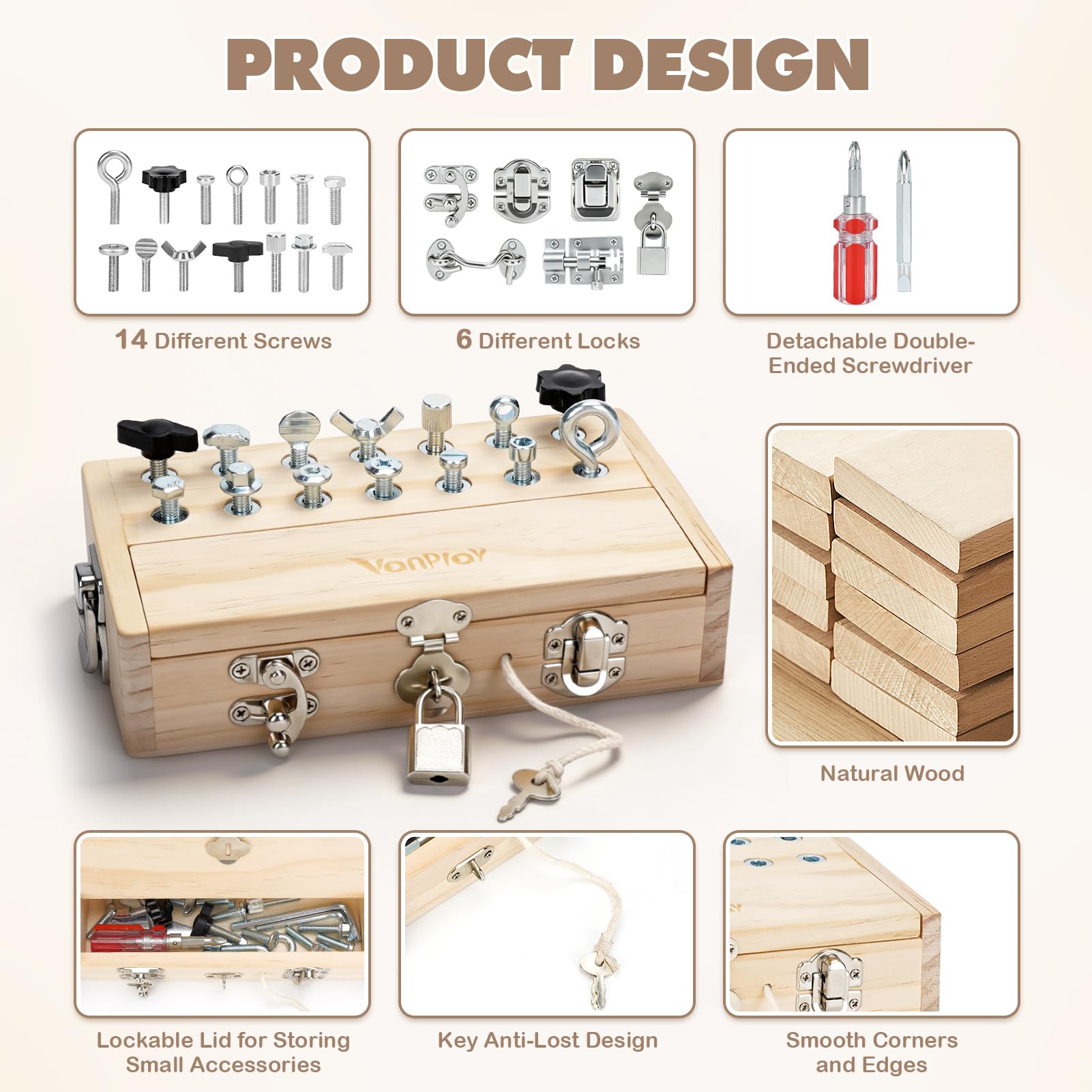 Vanplay Montessori Holzspielzeug Busy Board, Motorik Spiel ab 3–5 Jahren, Schraubenbrett mit Schlüssel & Schloss, Lernspielzeug Geschenk für Kinder