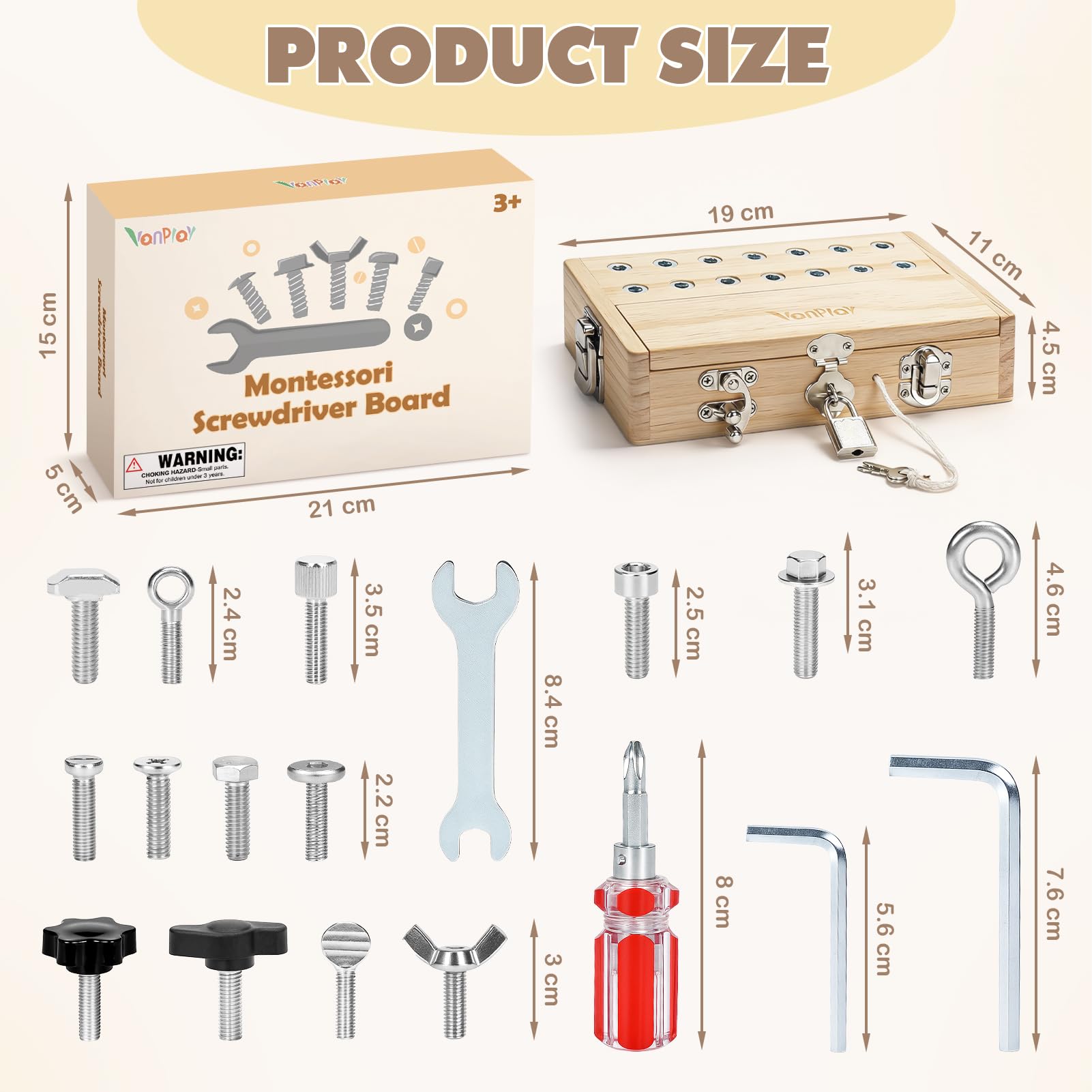 Vanplay Montessori Holzspielzeug Busy Board, Motorik Spiel ab 3–5 Jahren, Schraubenbrett mit Schlüssel & Schloss, Lernspielzeug Geschenk für Kinder