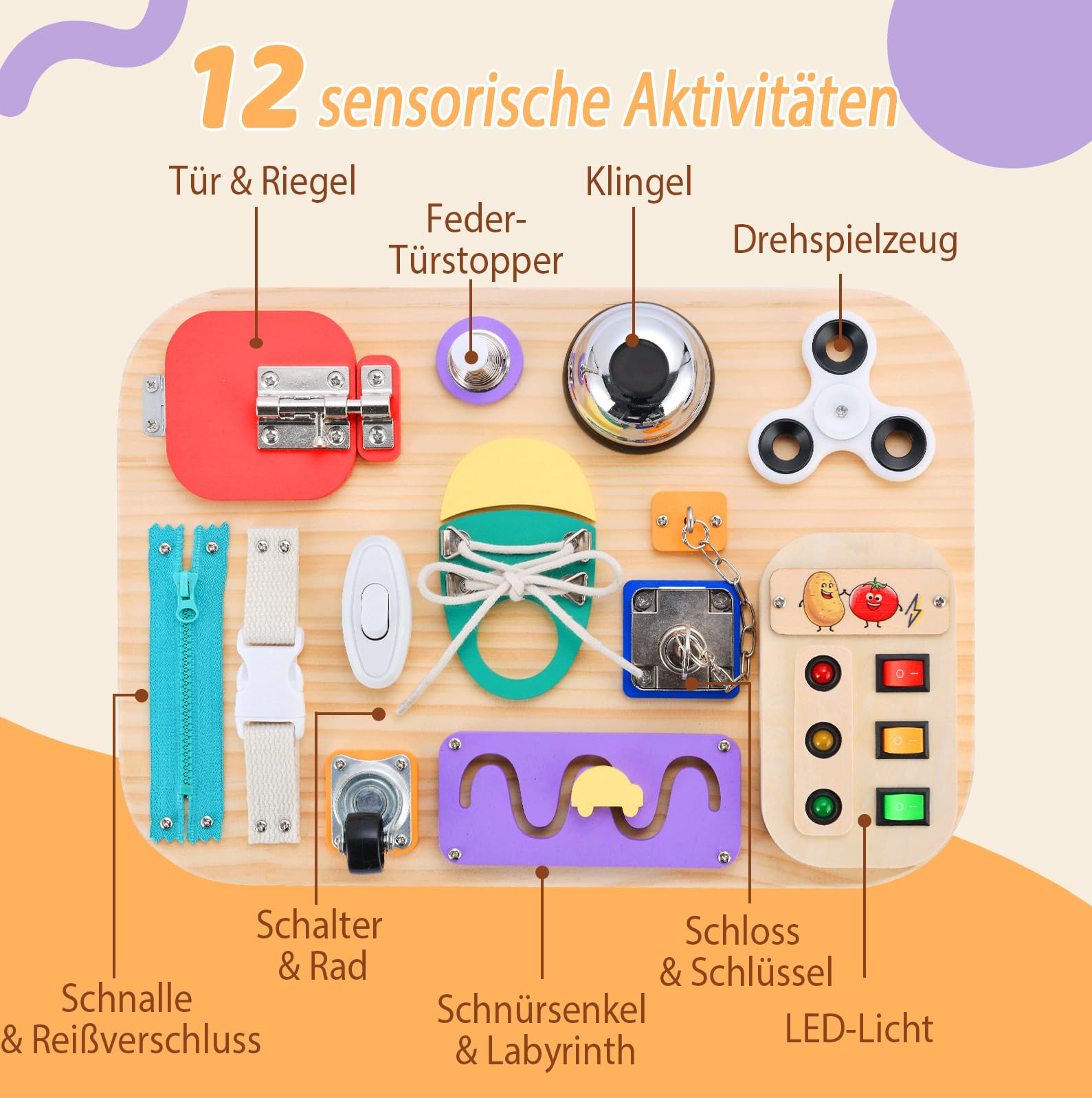 Potatomato Montessori Busy Board Holzspielzeug, Sensorik & Motorik Lernspielzeug für Kinder, Activity Board für Babys & Kleinkinder, pädagogisch wertvoll