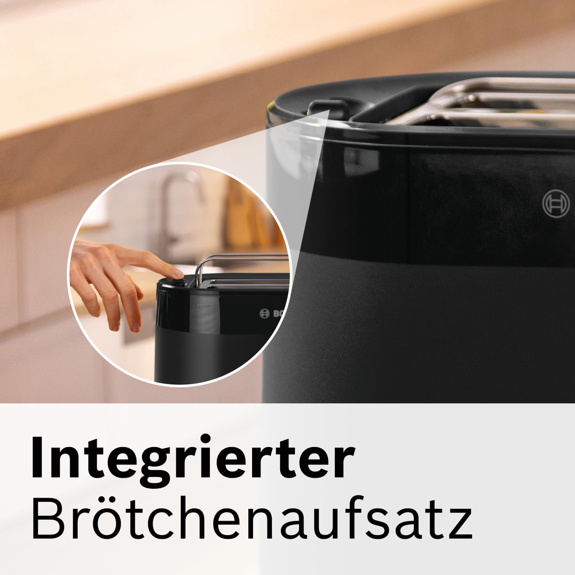 Bosch Kompakt Toaster MyMoment TAT2M123, integrierter Brötchenaufsatz, mit Auftaufunktion, mit Abschaltautomatik, Liftfunktion, Brotzentrierung, perfekt für 2 Scheiben, 800 Watt, Schwarz matt