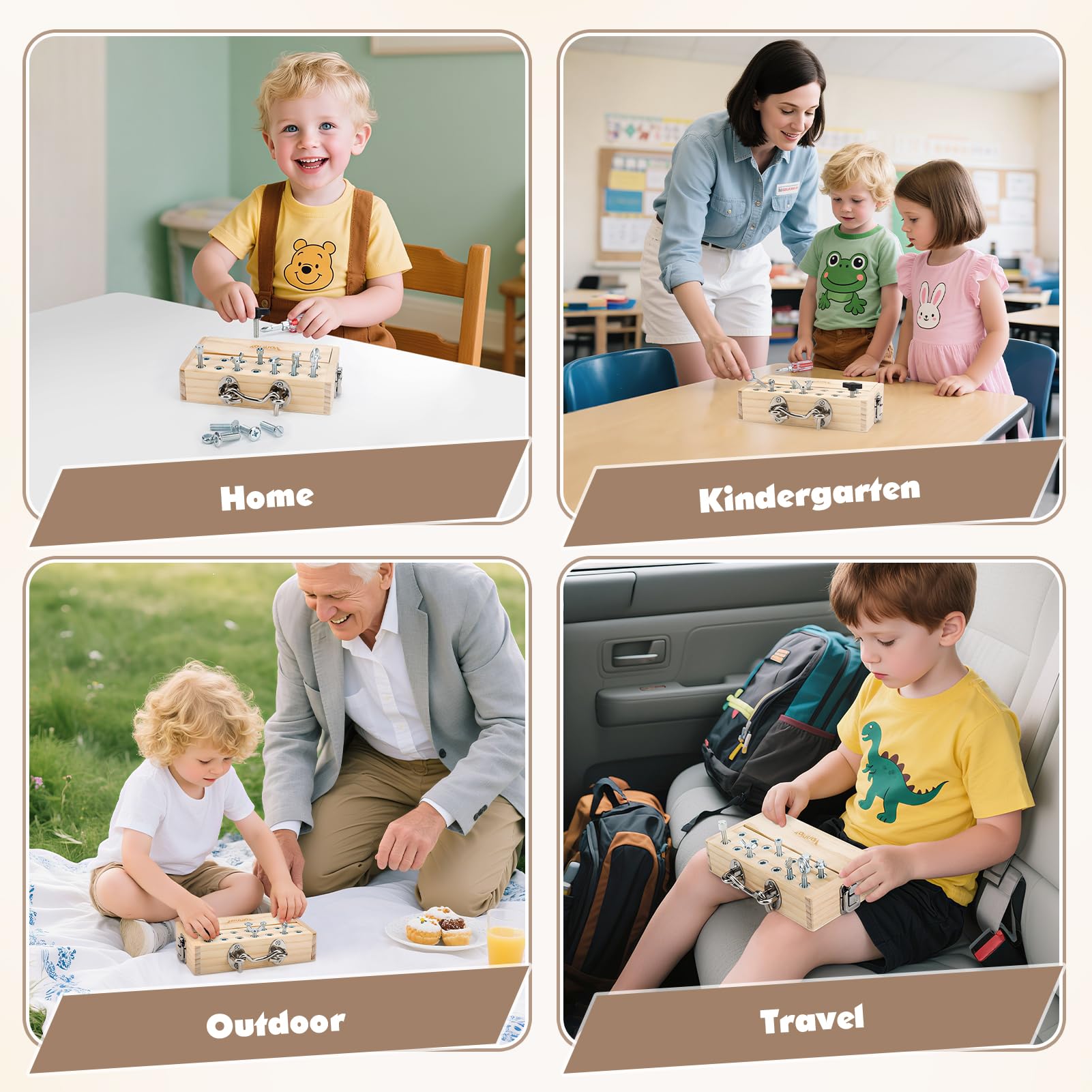 Vanplay Montessori Holzspielzeug Busy Board, Motorik Spiel ab 3–5 Jahren, Schraubenbrett mit Schlüssel & Schloss, Lernspielzeug Geschenk für Kinder