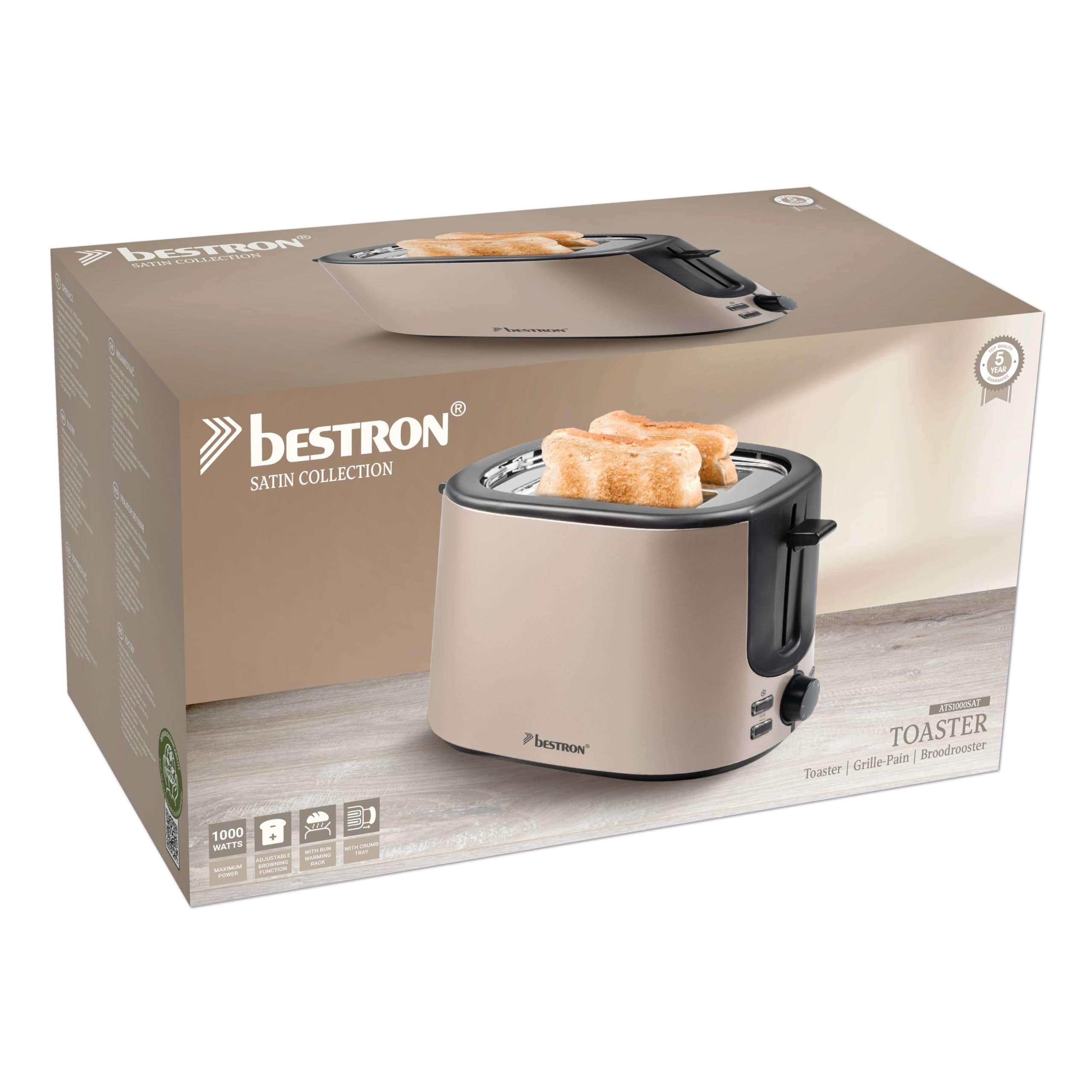 Bestron Toaster mit 2 Röstkammern, Toaster für 2 Scheiben, mit 7 Bräunungsstufen, Krümelschublade & Brötchenaufsatz, 1000 Watt, Satin Collection, Farbe: Hellbeige