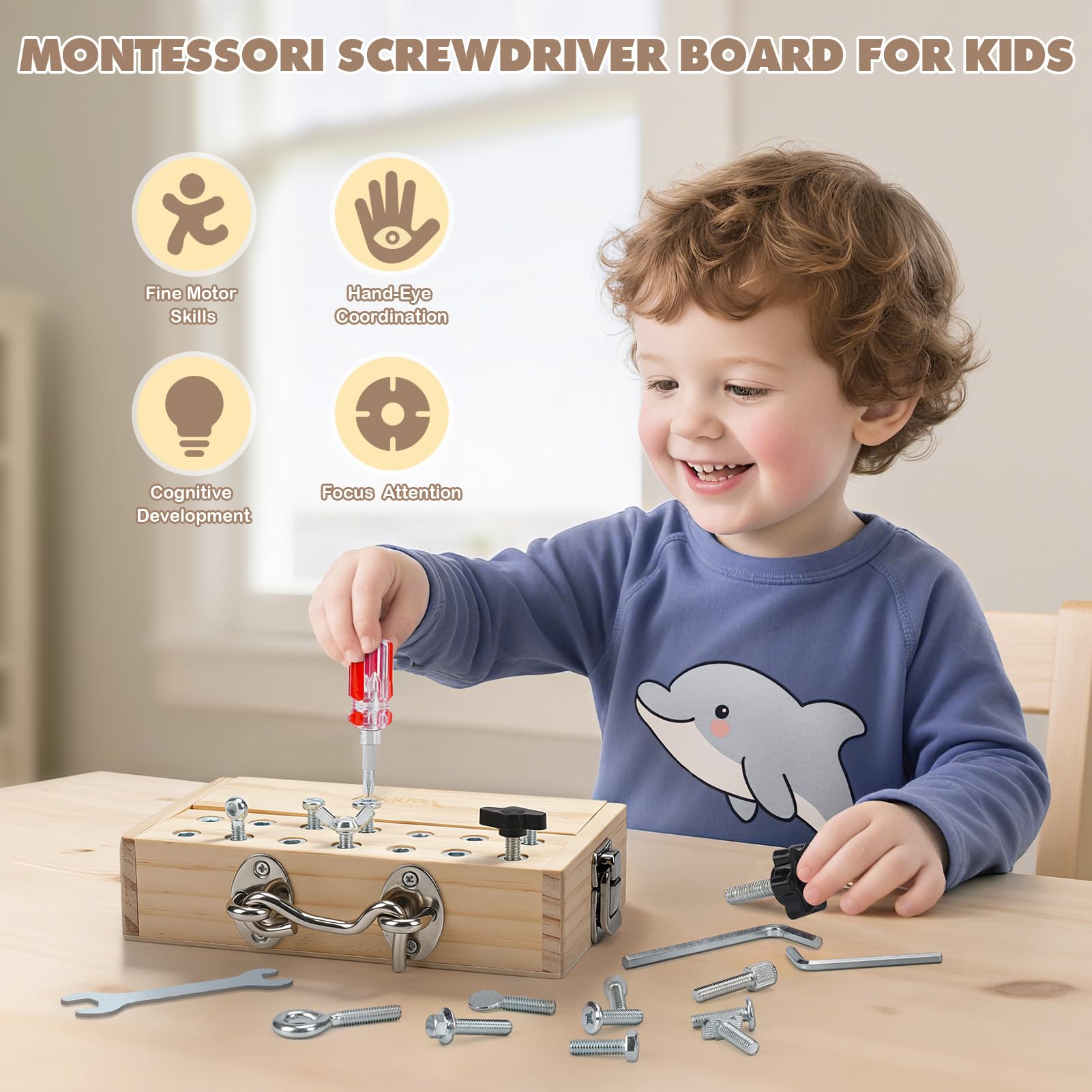 Vanplay Montessori Holzspielzeug Busy Board, Motorik Spiel ab 3–5 Jahren, Schraubenbrett mit Schlüssel & Schloss, Lernspielzeug Geschenk für Kinder